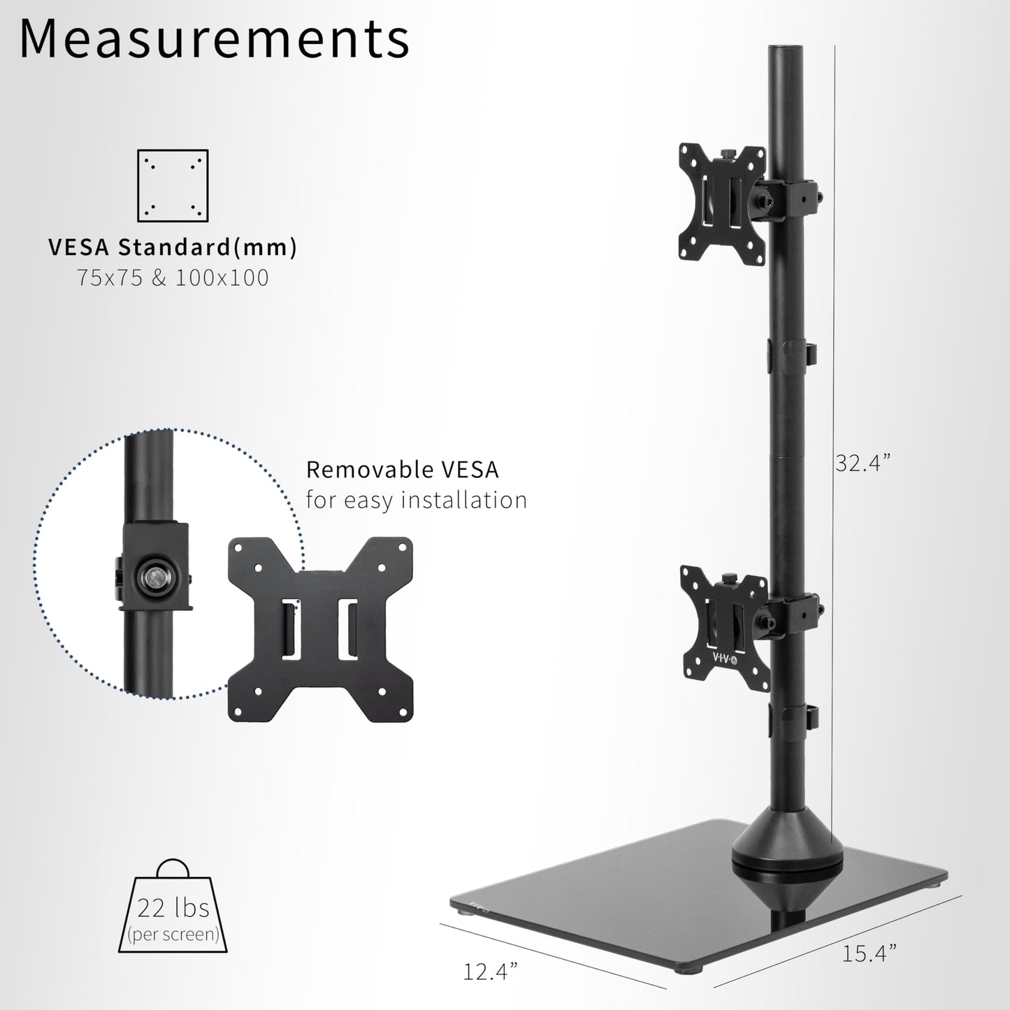VIVO Dual Monitor Desk Stand with Tempered Glass Base, Free-Standing LCD Mount, Holds in Stacked Vertical Position 2 Ultrawide Screens up to 34