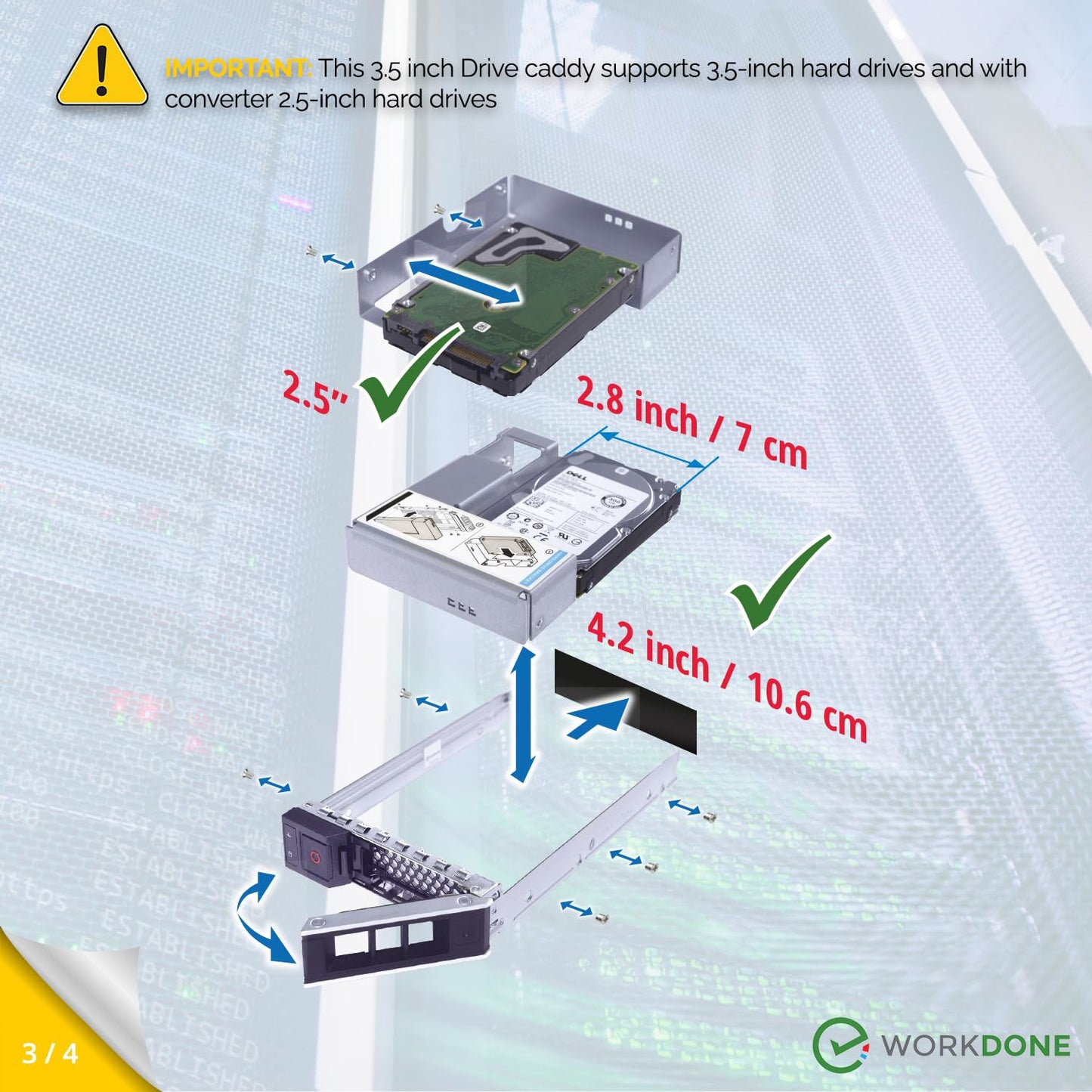WORKDONE 3.5 inch Drive Caddy with 2.5 inch HDD Adapter - Compatible for Dell PowerEdge Servers - T360 R760 R640 R540 R440 R340 R550 R450 R650xs
