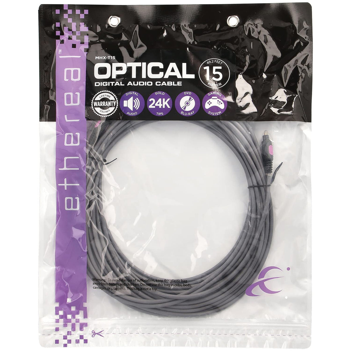 Ethereal MHX-T15 MHX Series Digital Optical Audio Cable, 24k Gold-Plated TOSLINK (49.2 Ft.)