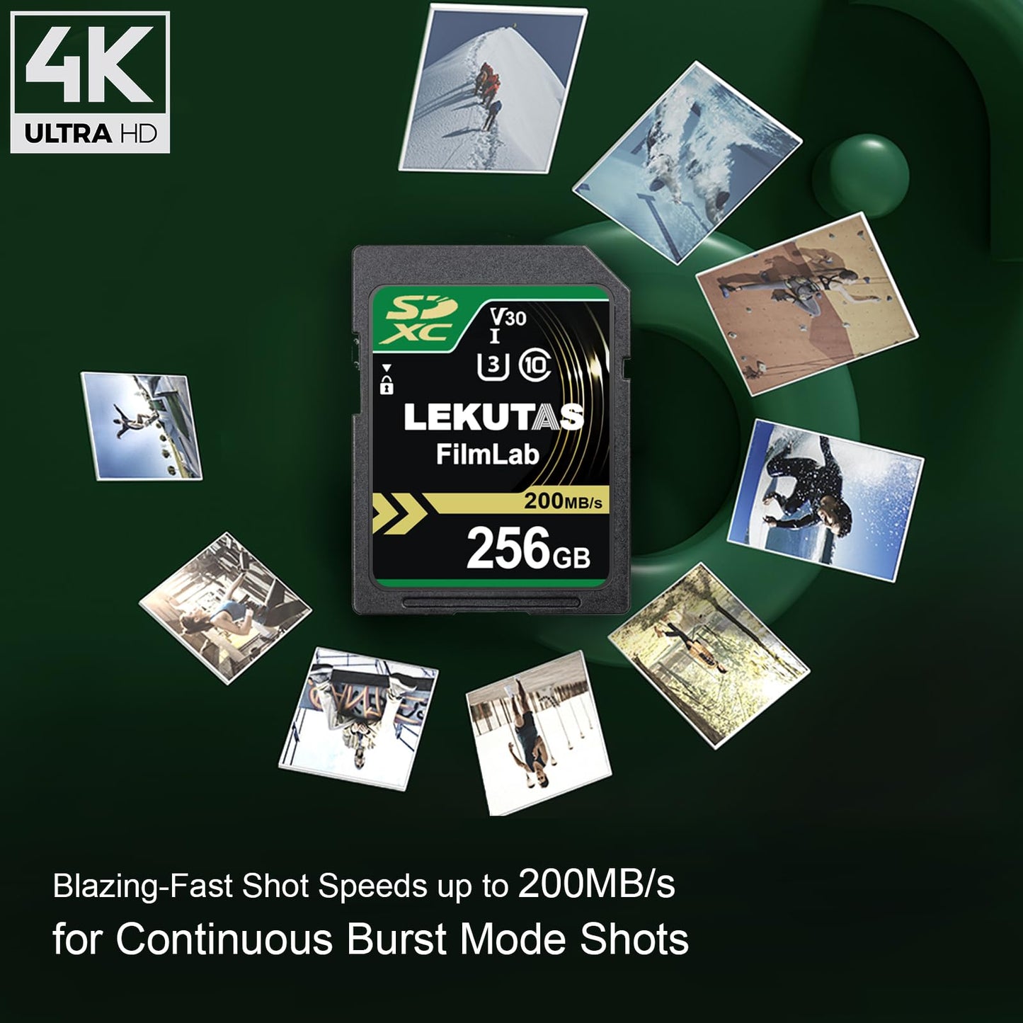 LEKUTAS 256GB SDXC UHS-I Memory Card - Up to 200MB/s Read Speed, C10, U3, V30, 4K UHD, Full-HD & 4K Video SD Card for Canon Nikon Sony Panasonic DSLR