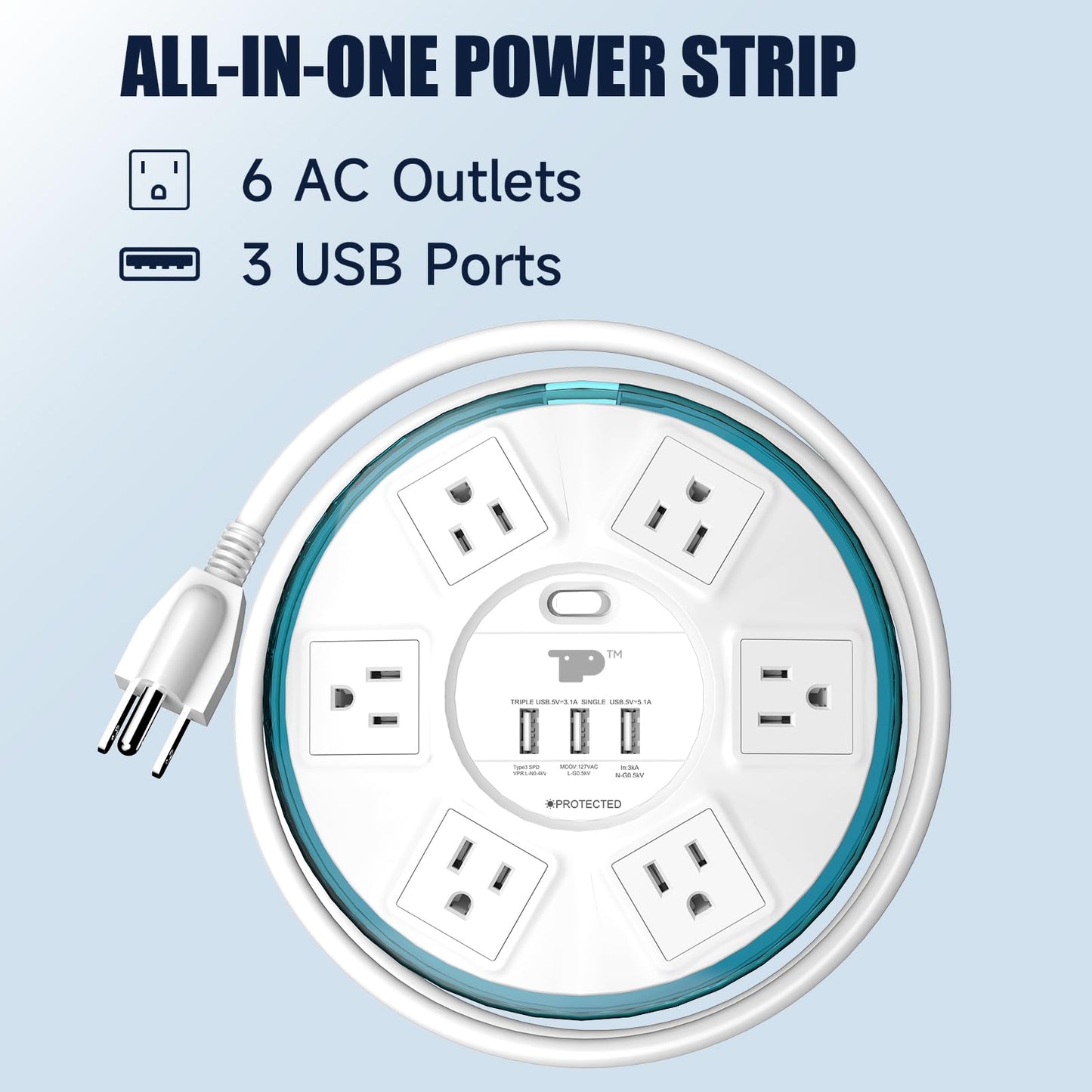 Surge Protector Power Strip,Smart Design Extension Cord,4 Feet Flat Extension with 6 Outlet+3 USB Quick Charging Power Strips with Surge Protector