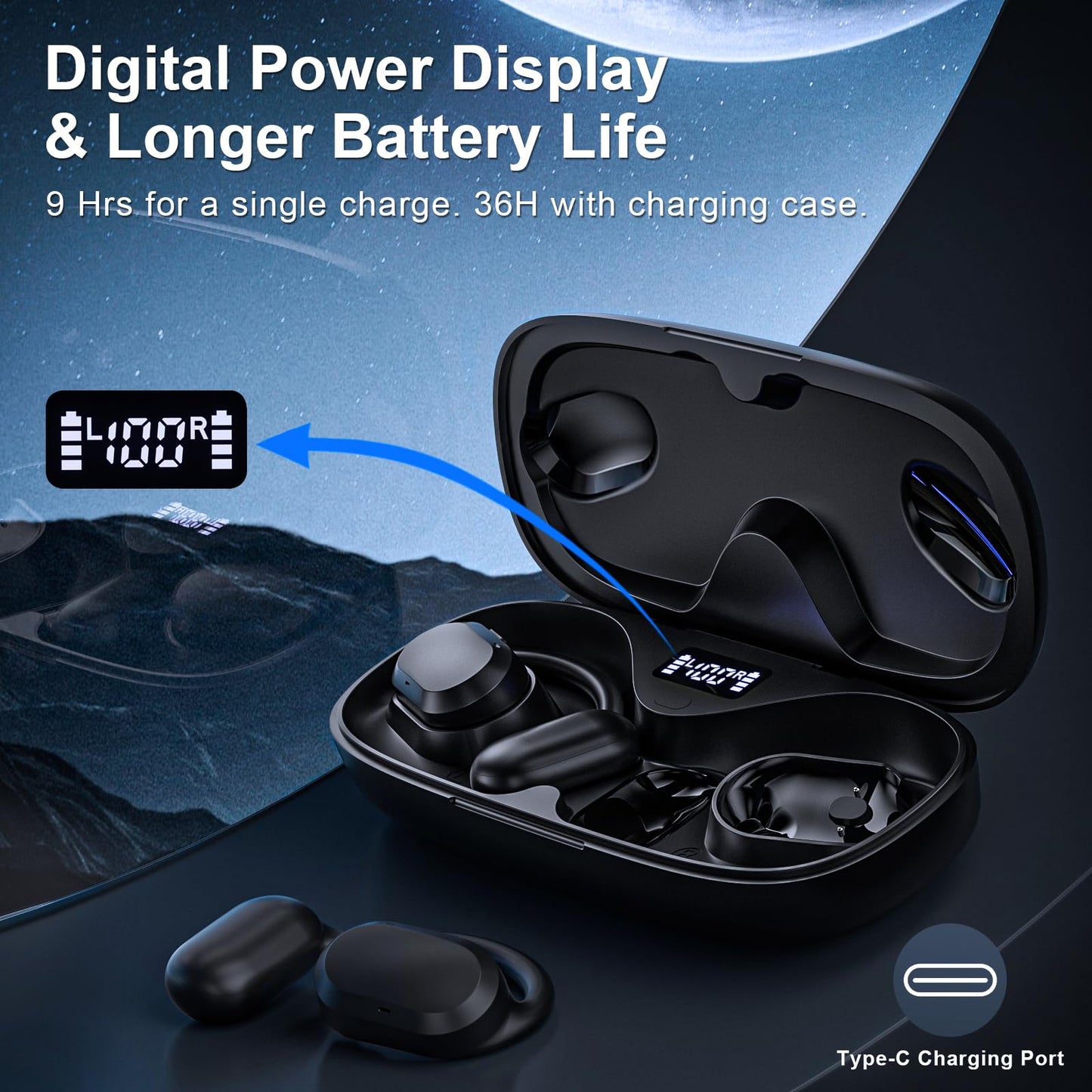 Open Ear Headphones, Open Ear Earbuds, IPX7 Waterproof, Bluetooth 5.3 True Wireless Sports Over Ear Earbuds with Earhooks, Built-in Mic, Crystal-Clear