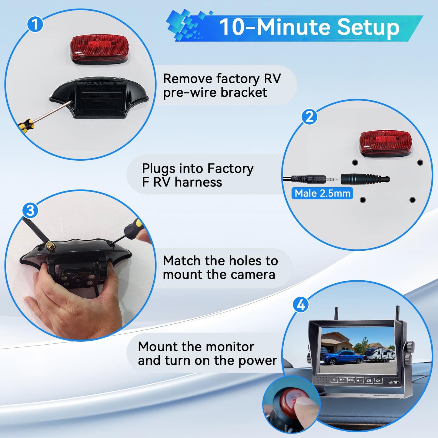 RV Backup Camera Wireless Easy Install: Plug & Play for Furrion Pre-Wired RVs - 7? HD Touch Key Monitor, 1080P DVR, 4-Channel Split-Screen, Night