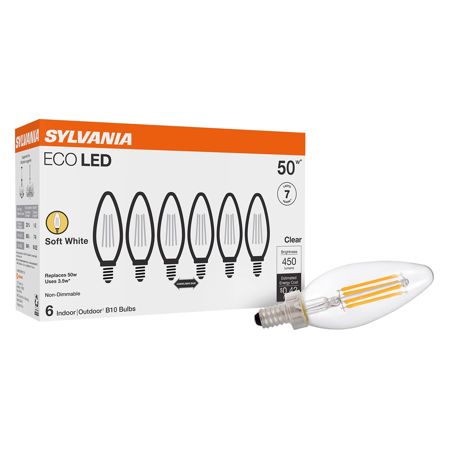 Sylvania ECO LED B10 Light Bulb, 50W = 3.5W, 7 Year, 450 Lumens, Non-Dimmable, Clear, 2700K, Soft White - 6 Pack (40879)