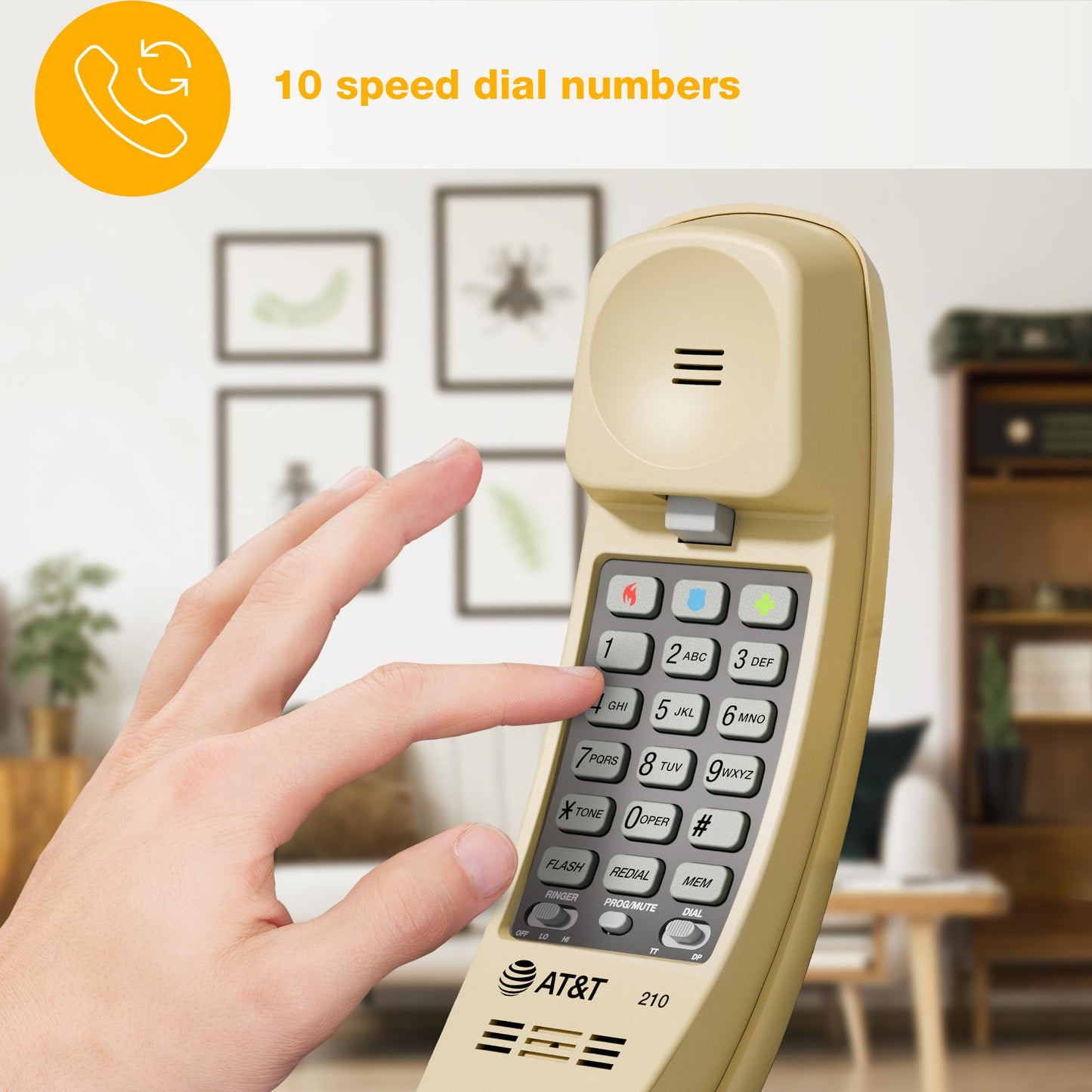 AT&T TRIMLINE 210 Corded Home Phone, No AC Power Required, Improved Easy-Wall-Mount, Lighted Big Button Keypad, 13 SpeedDial Keys, Last Number Redial