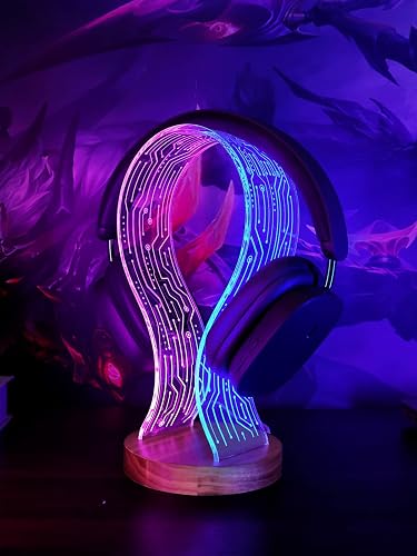YuanDian Headphone Stand, Walnut Wood Headset Holder with Blue Pink LED Night Light for Gamers, Men, and Music Lovers - Perfect Desk Gift Idea