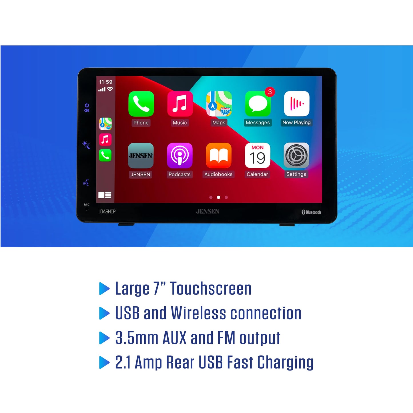 JENSEN JDASHCP 7-inch Portable Wireless Apple CarPlay Android Auto Car Stereo Screen | Dash & Windshield Mount Options | Bluetooth Hands Free Calling