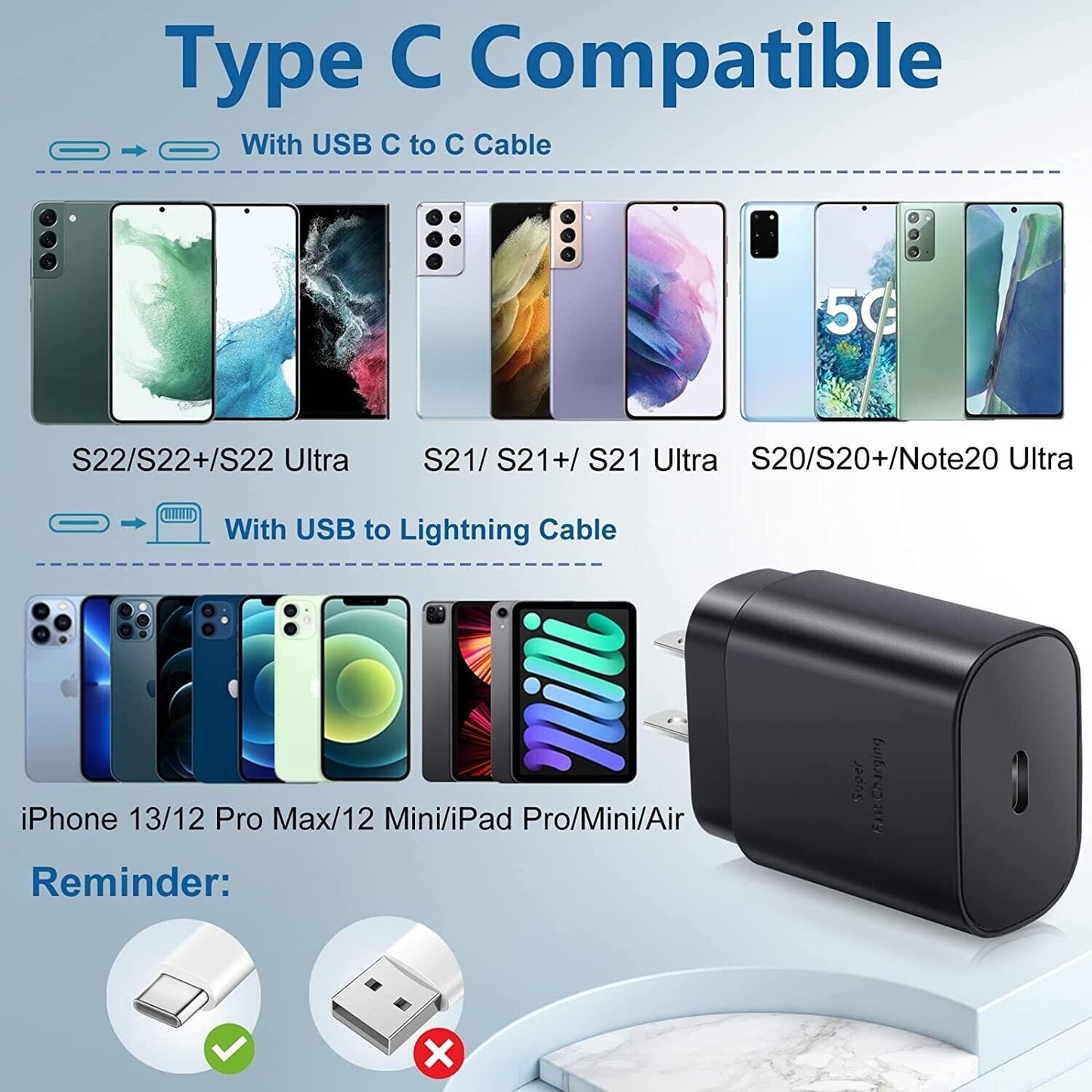Adaptive Fast Charger for Galaxy S8, S8+, S9, S9+, S10+, Note 8, Note 9 USB-C 3.1 Type-C Cable Kit Fast Charging USB Wall Charger AC Home Power