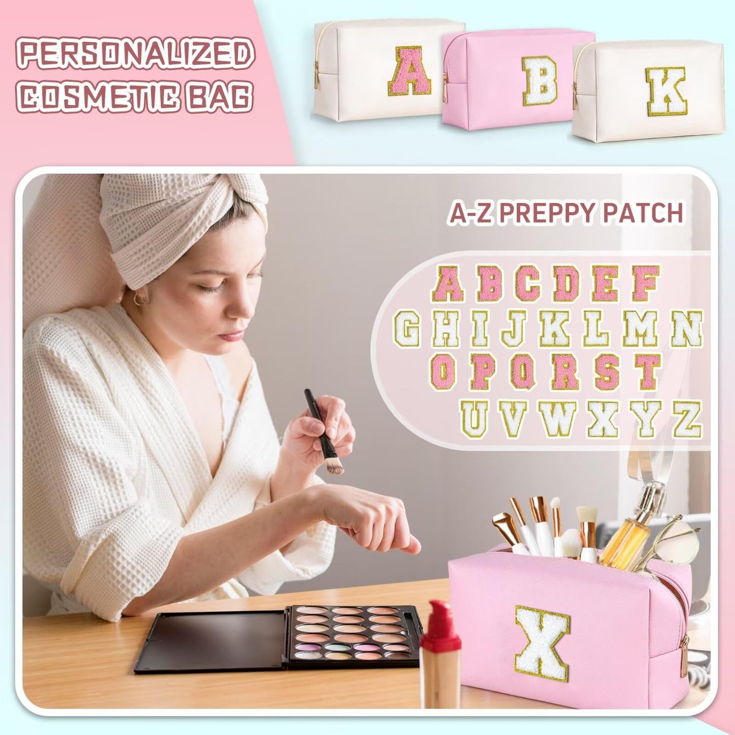 TOPEAST Initial Makeup Bag – Personalized Preppy Cosmetic Pouch, Leather Toiletry Bag, Birthday Gifts for 4–12 Year Old Girls (Pink A)