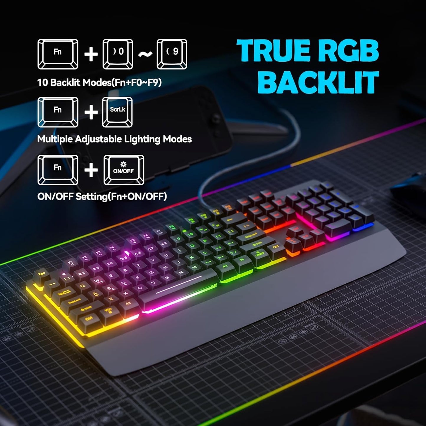 Wired Gaming Keyboard,RGB Light Up Keyboard with Wrist Rest,104Keys All Metal Panel Rainbow Backlit for Gaming,Silent Computer with Multimedia