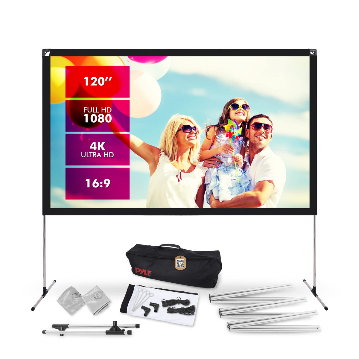 Pyle Projector Screen with Stand - 120'' 16:9 HD 4K Portable Lightweight Freestanding Foldable Indoor Outdoor Movie Projection Display with Frame for Home Theater