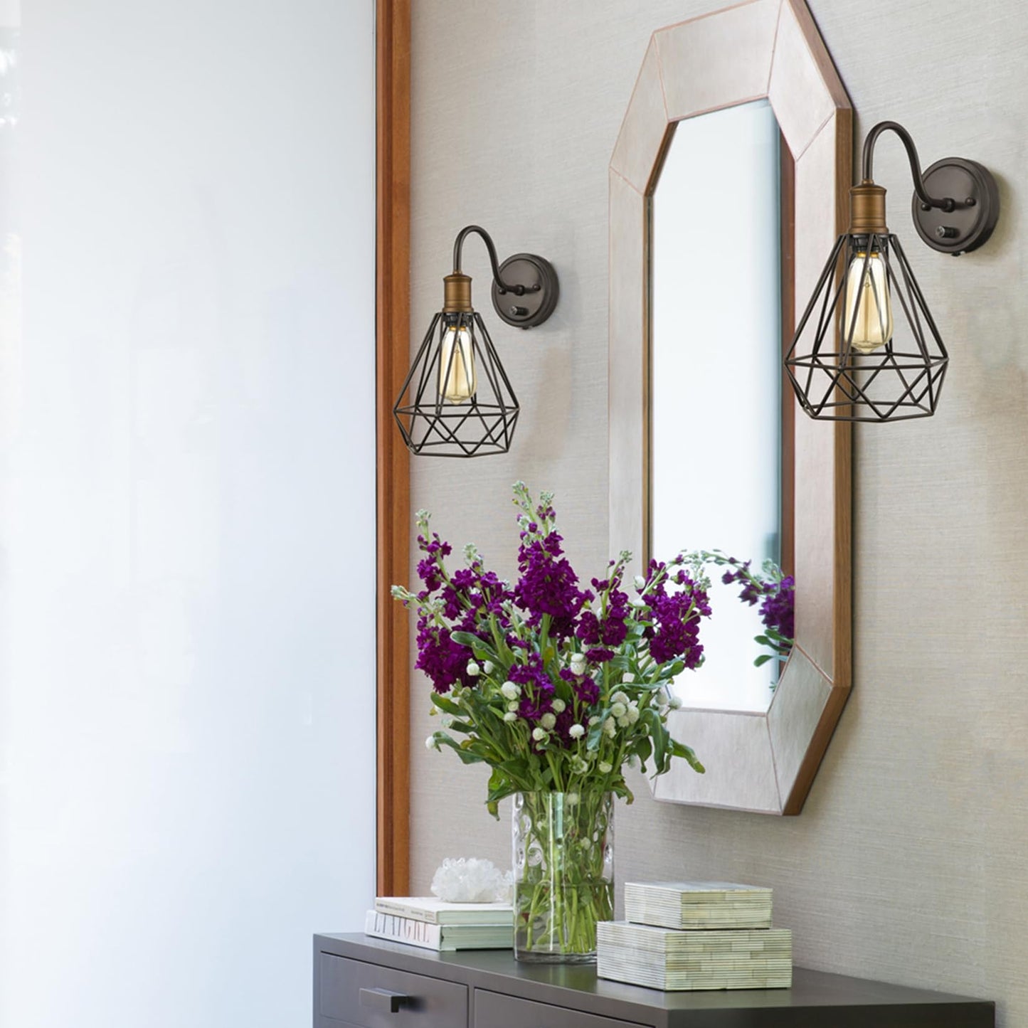 DAYCENT Farmhouse Plug in Wall Sconce Set of 2 Oil Rubbed Bronze Wall Light with On Off Switch Industrial Polygon Caged Gooseneck Sconces Wall