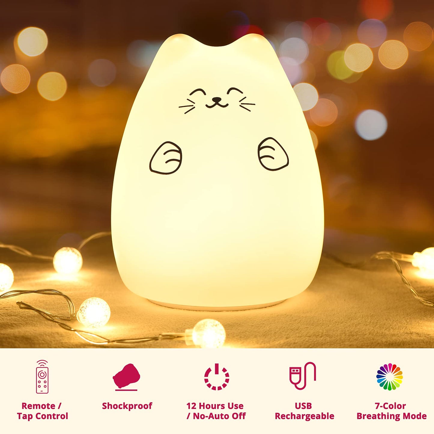 GoLine Cute Night Lights for Kids, Best Christmas Birthday Gifts for 3-12 Year Old Girls Teen, Cat Silicone Baby Night Light for Newborn, Remote