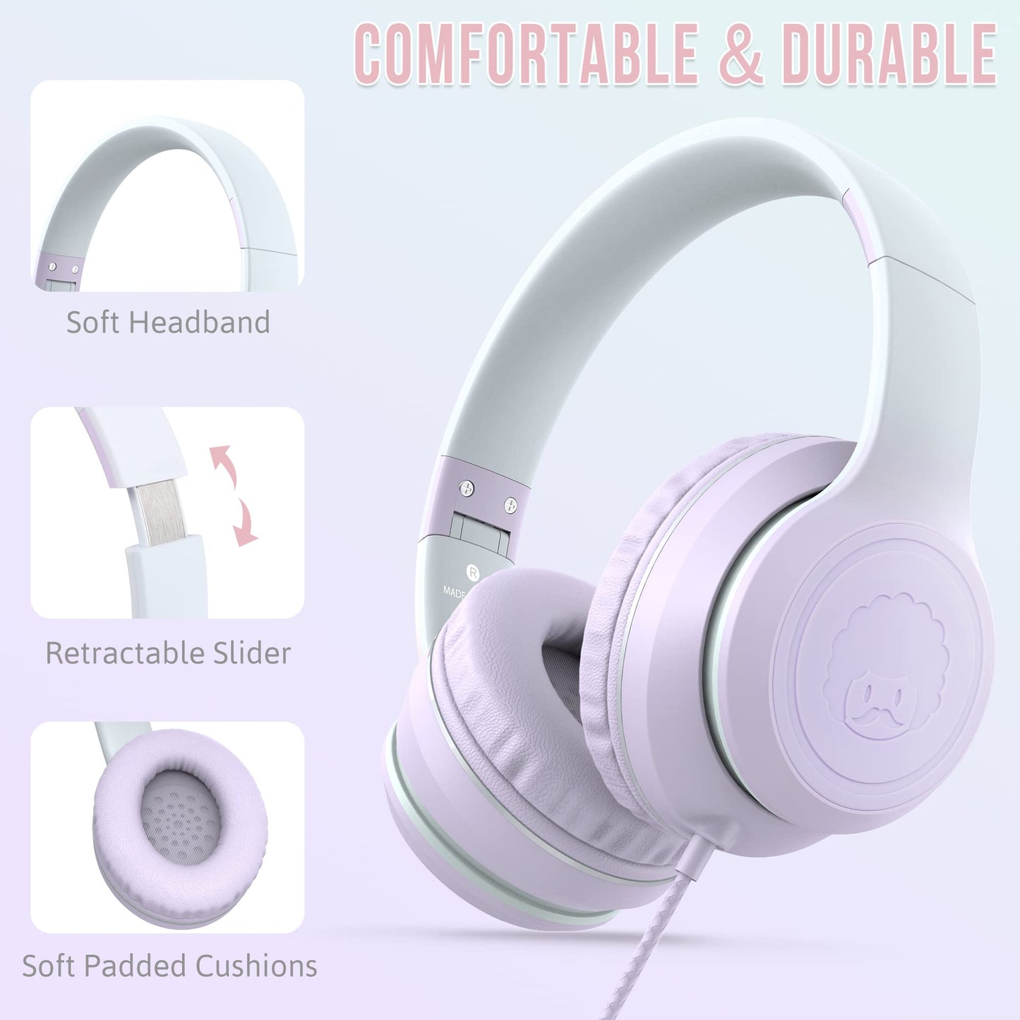 rockpapa L22 Wired Headphones for Kids Girls Boys Women with Microphone, Foldable Stereo 3.5mm Corded Headphones for School Classroom Chromebooks