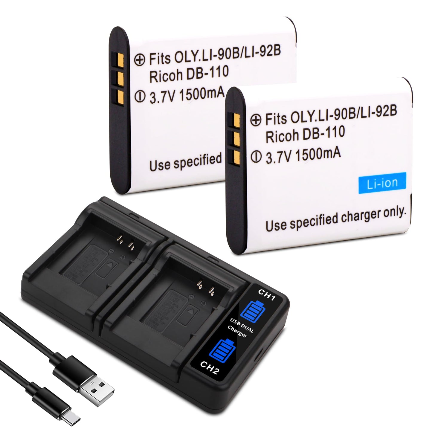 DB-110 2Pack Battery, Quick LED Dual USB Charger Compatible for Ricoh GR III, GR IIIx, Theta X, WG-6, G900, for Olympus Tough TG-7, TG-6, TG-5