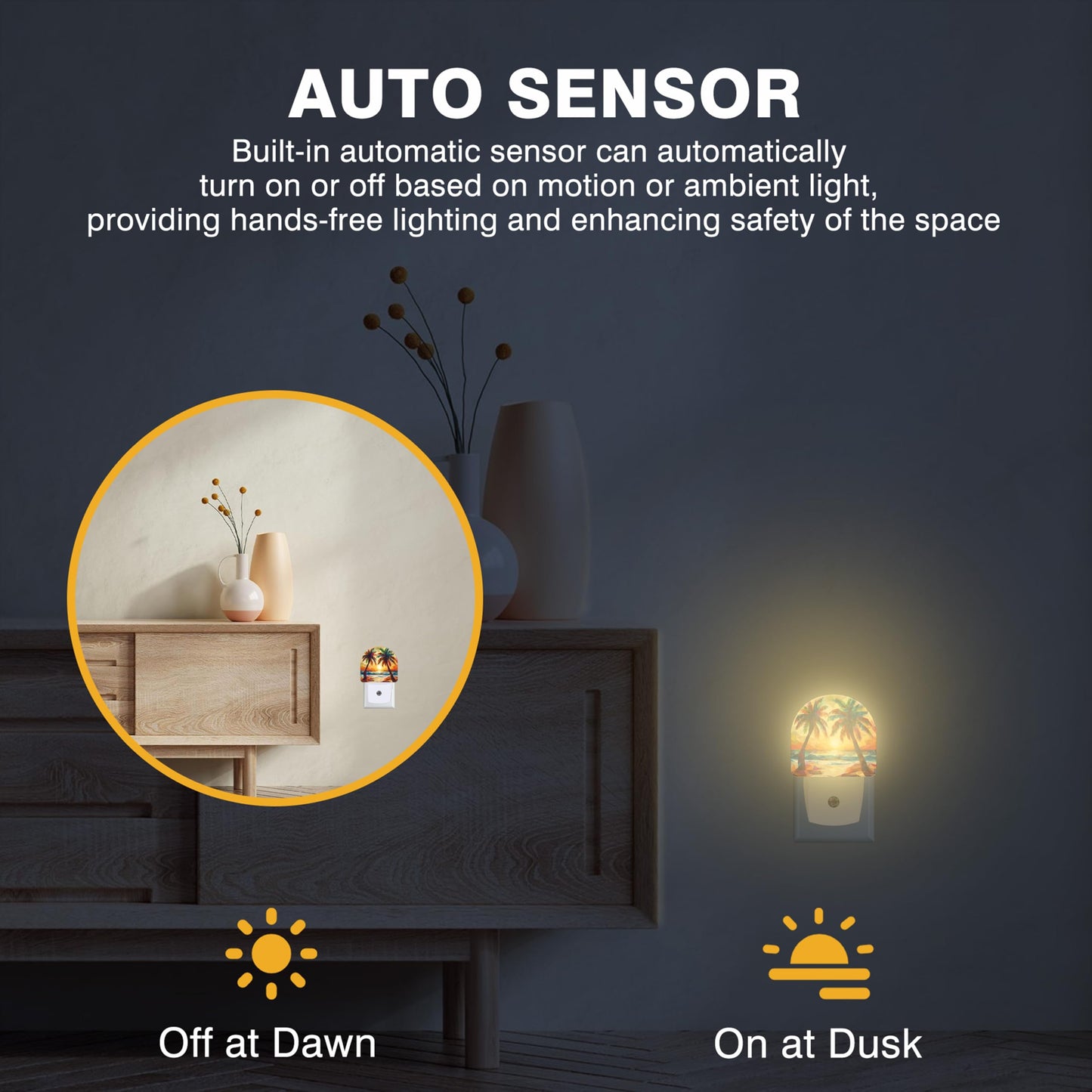 FOISIIAEA Night Lights Plug into Wall Beach Sunset with Palm Trees Night Light Dusk to Dawn Smart Sensor Decorative Round Led Lamp for Bedroom Kitchen