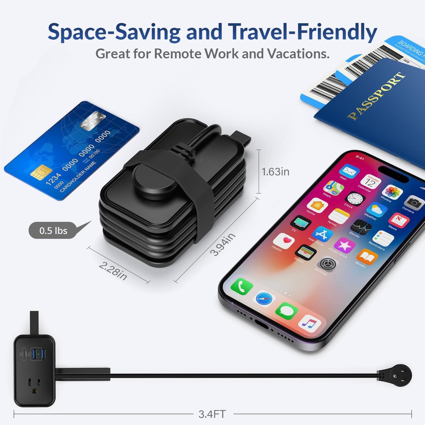 Travel Charger for Multiple Devices, Flat Plug Power Strip 3ft Adapter Extension Cord, 3 AC Outlets, 2 USB & 1 Fast Charging USB-C, No Surge Cruise