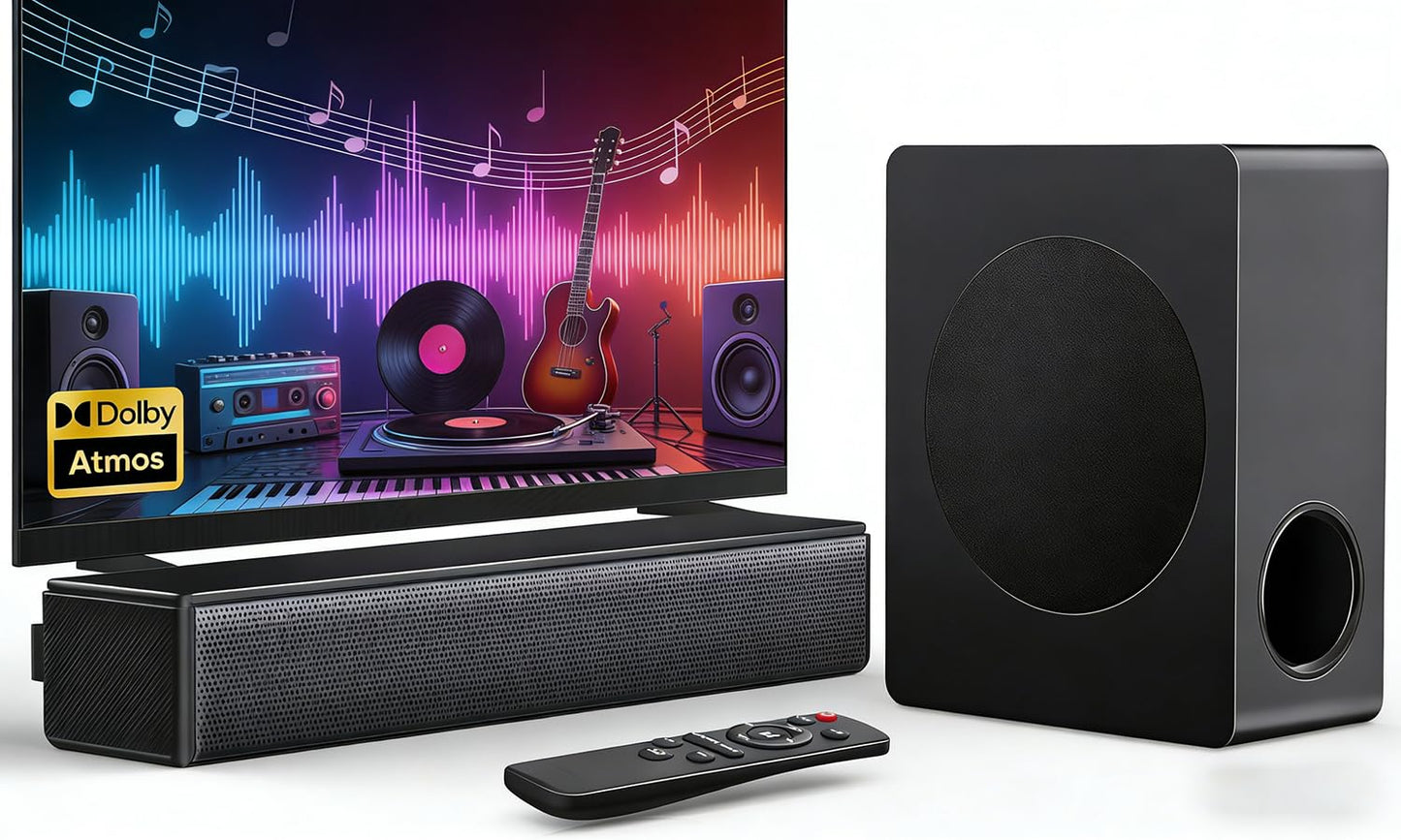 Sound Bar with Subwoofer, 100W Bass Soundbar for Smart TV, w/Dolby Atmos 3D Surround Sound System, 2.1CH Home Theater Audio Soundbar, Adjustable Home