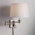 Possini Euro Design Modern Swing Arm Wall Lamp with Cord Cover Brushed Nickel Plug-in Light Fixture White Linen Tapered Drum Shade for Bedroom Bedside