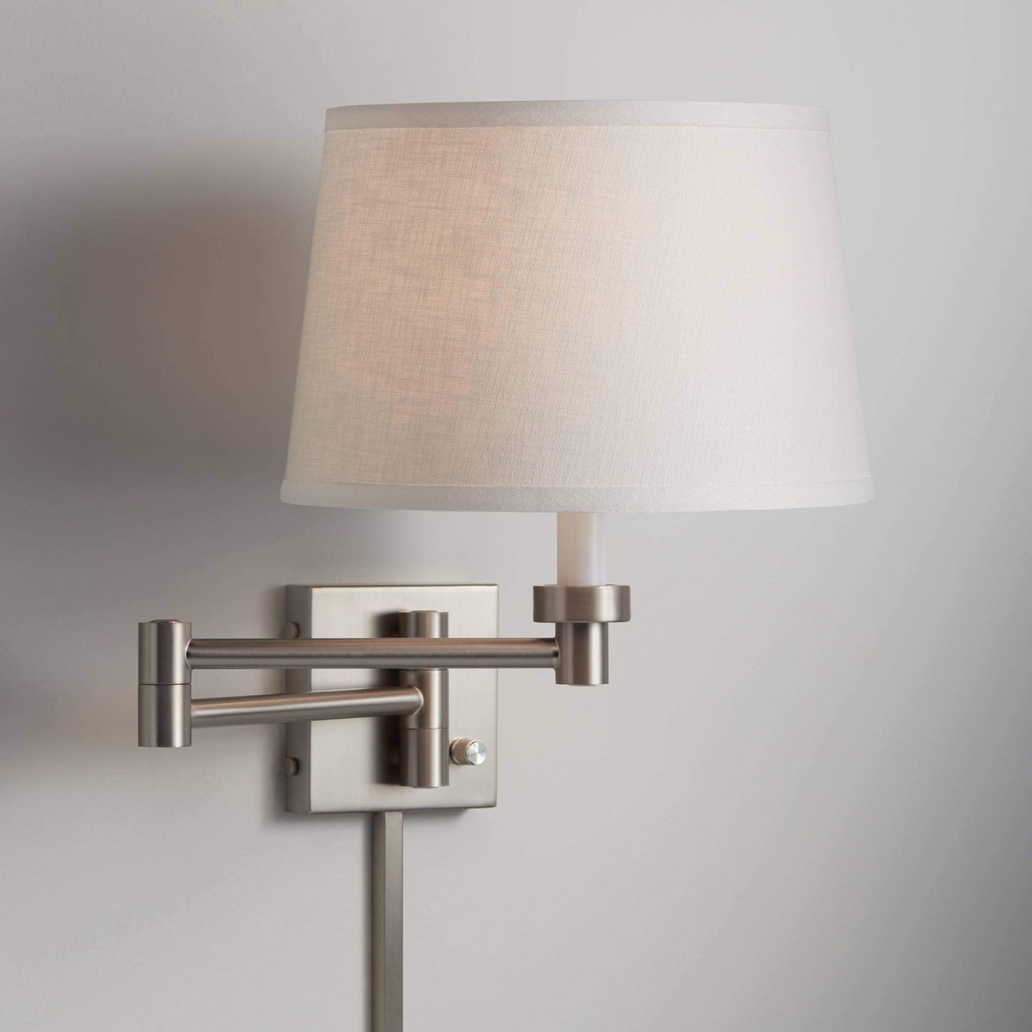 Possini Euro Design Modern Swing Arm Wall Lamp with Cord Cover Brushed Nickel Plug-in Light Fixture White Linen Tapered Drum Shade for Bedroom Bedside