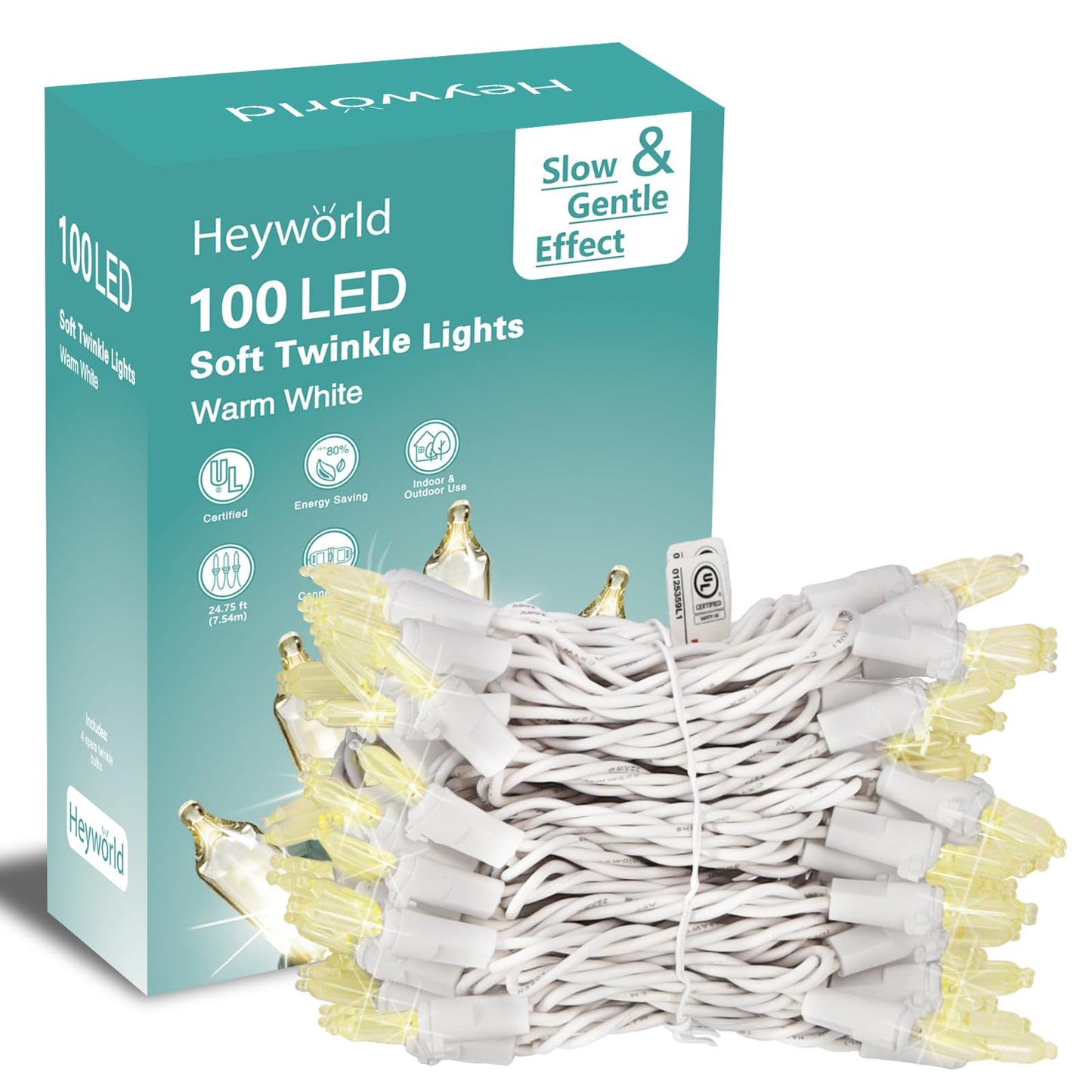 Heyworld Soft Twinkle Lights,100 Led Slow Twinkling Christmas Lights on White Wire Cord, UL Approved 27 Ft, Connect Up to 25 Sets,Indoor Outdoor
