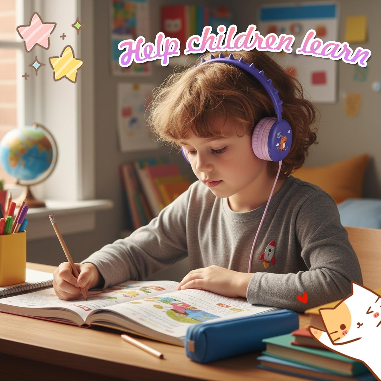 KERHAND Kids Dinosaur Wired Headphones with Noise Cancelling Purple