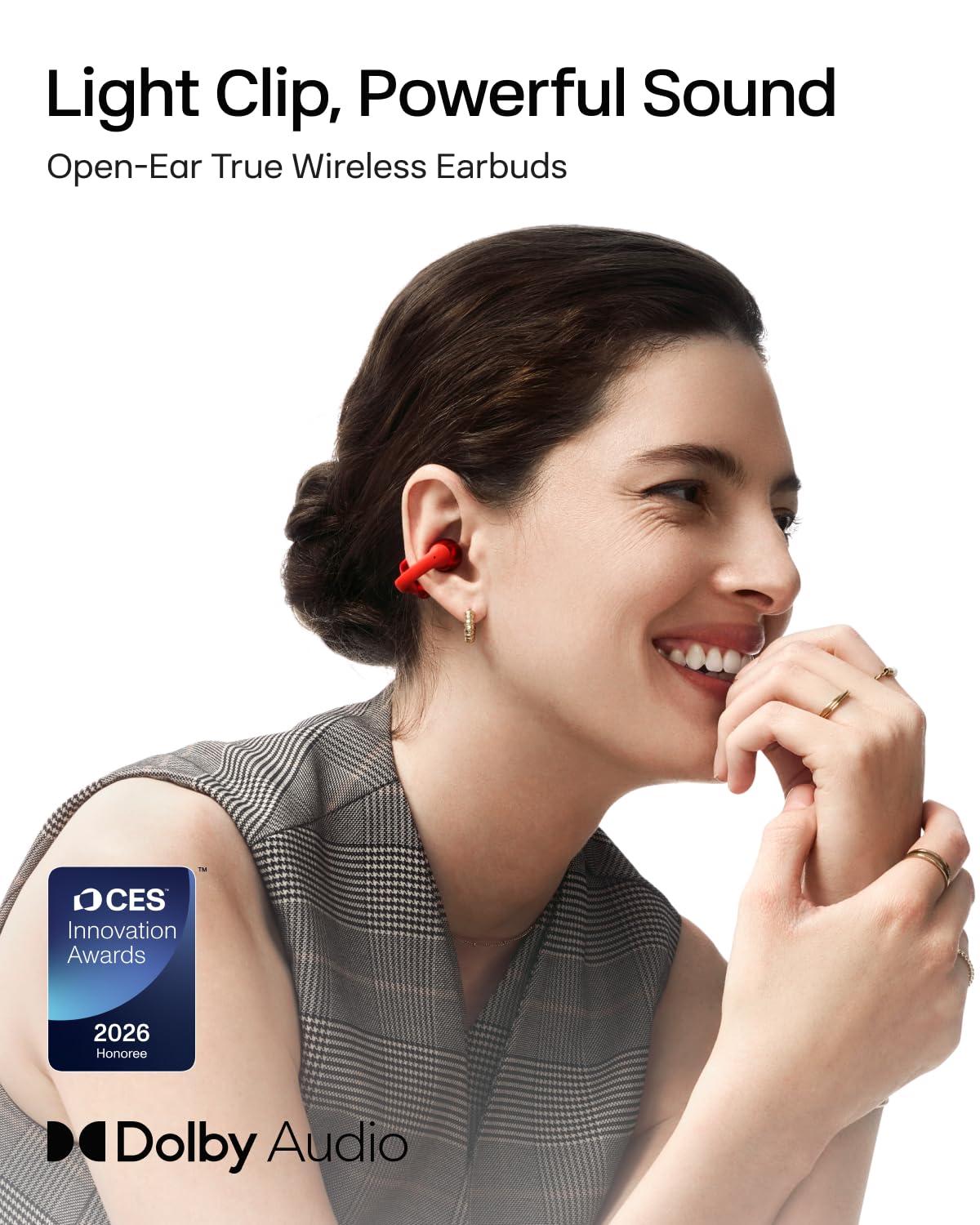 SHOKZ OpenDots ONE Open-Ear Clip-On Bluetooth Earbuds, Red, Dolby Audio