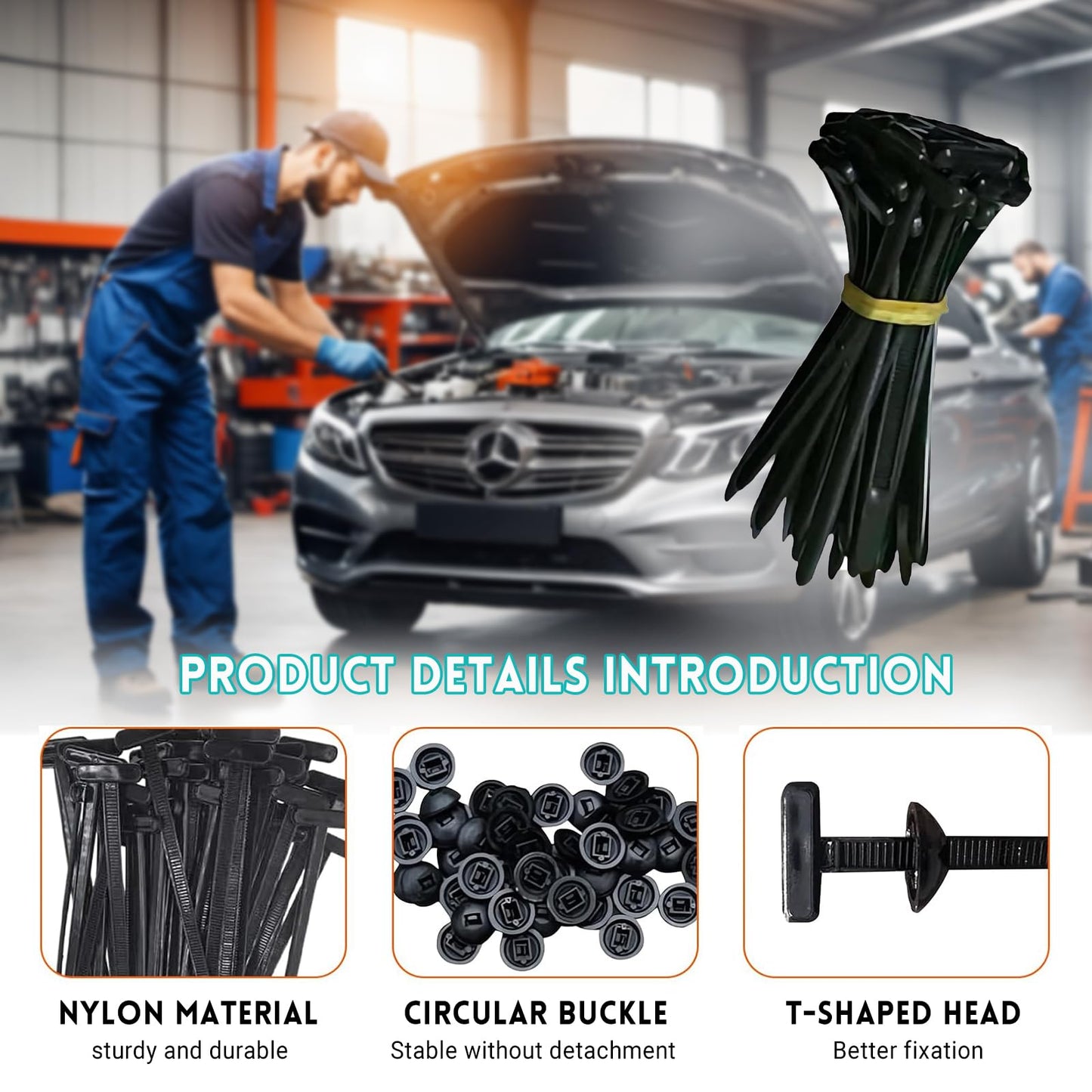 100PCS Nylon Universal Cable Tie Buckle - Heavy Duty Self-Locking Zip Ties Holder with Pin & Button Design, Plastic Cable Ties Tool Fasteners Car