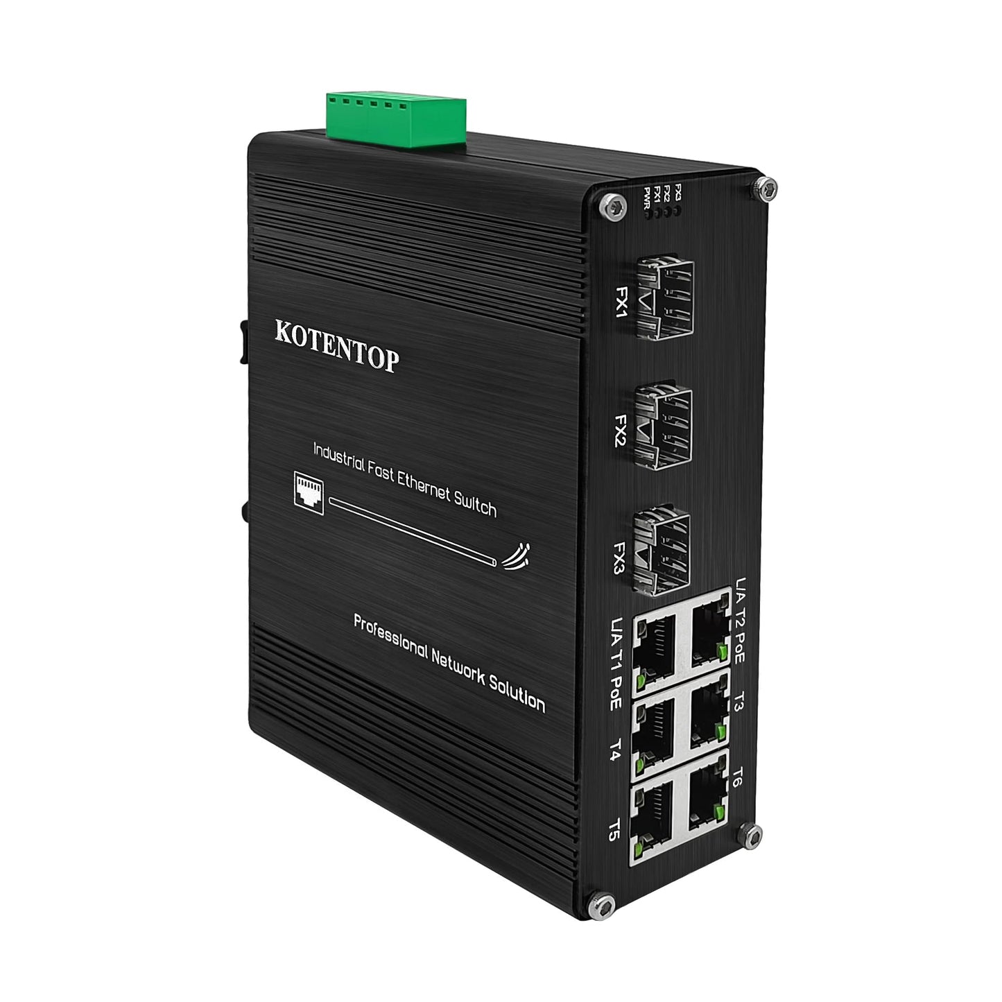 9-Port Unmanaged Industrial Ethernet Hardened Network Fiber Switch with 6 x 10/100Base-T RJ45 Plus 3 x 100Base-FX SFP,Support 12~48VDC, IEEE802.3af/at