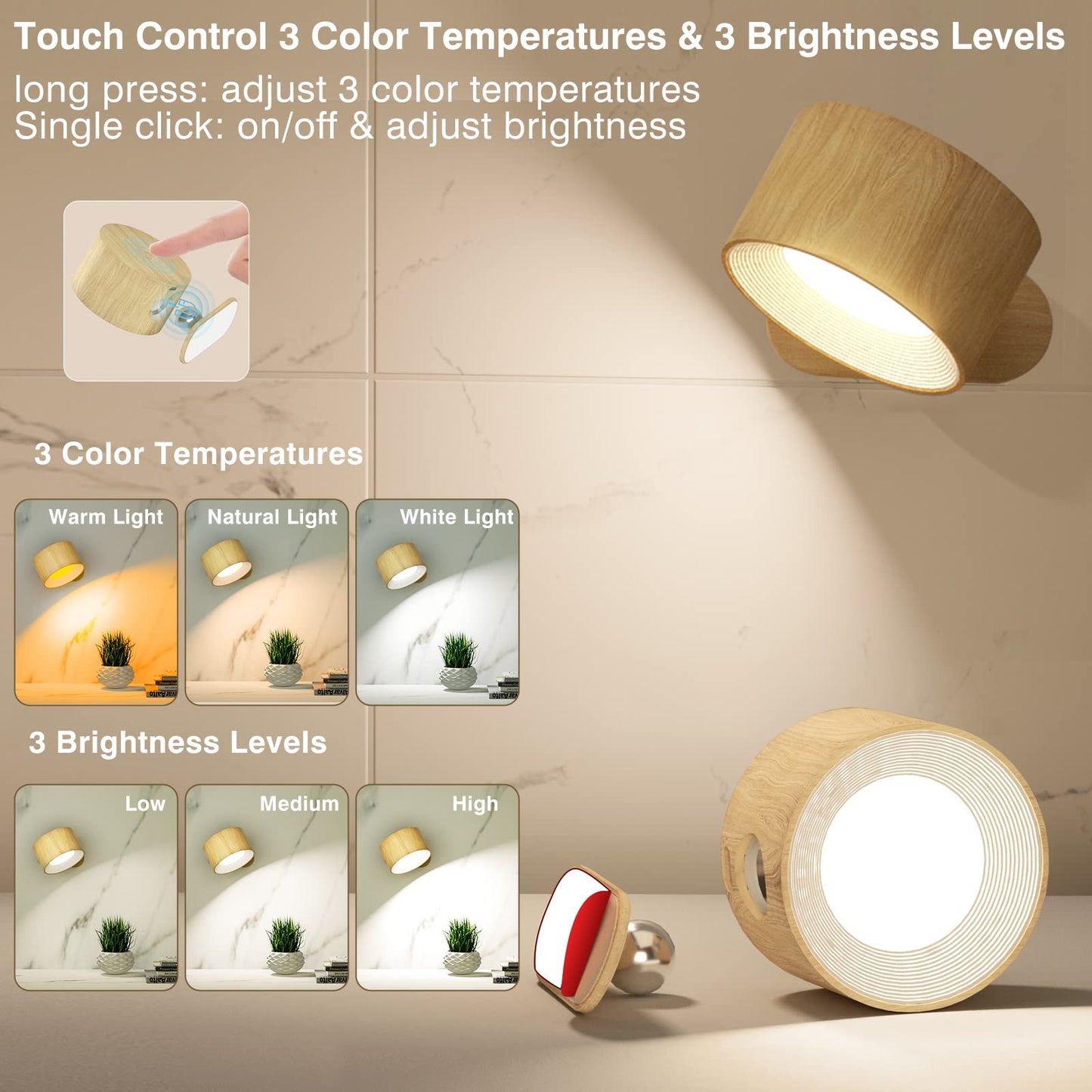 Deyagoo LED Wall Sconce, Wall Mounted Lamp with Rechargeable Battery Operated USB Port 3 Color Temperature & 3 Brightness Level 360°Rotate Magnetic