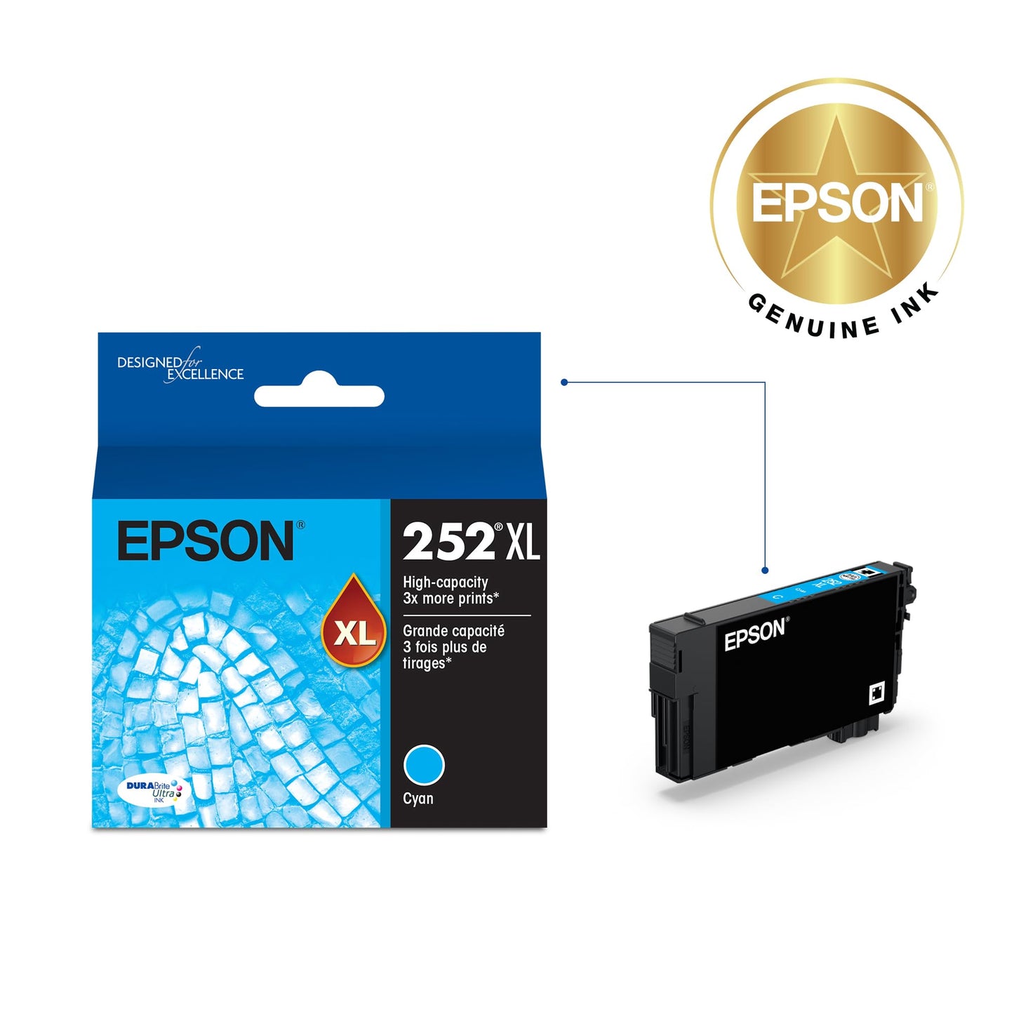 Epson 252 DURABrite Ultra Ink High Capacity Cyan Cartridge (T252XL220-S) - Works with Workforce WF-3620, WF-3640, WF-7110, WF-7610, WF-7620, WF-7710