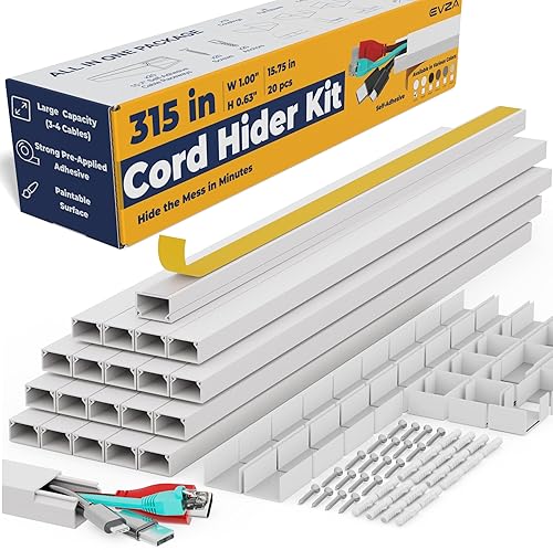 Cord Hider, Wire Cover, Cord Covers Wall Mounted TV, Cable Hider, 315 in Paintable White Raceway Kit, Electrical Cords Concealer, Cable Management