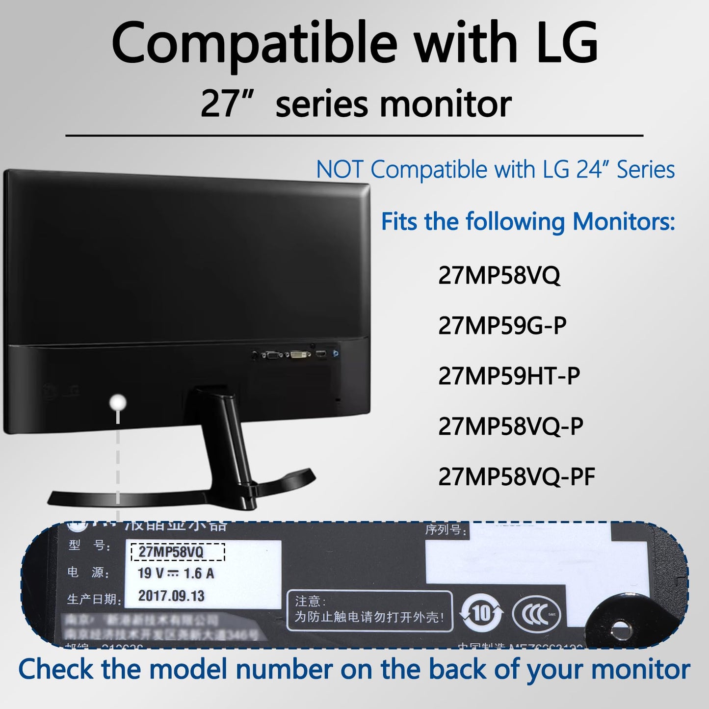 27MP58VQ VESA Adapter Compatible with LG 27" Monitor?Fits 27MP58VQ, 27MP59G-P, 27MP59HT-P, 27MP58VQ-P, 27MP58VQ-PF?- 75x75 to 100x100 Wall Mount