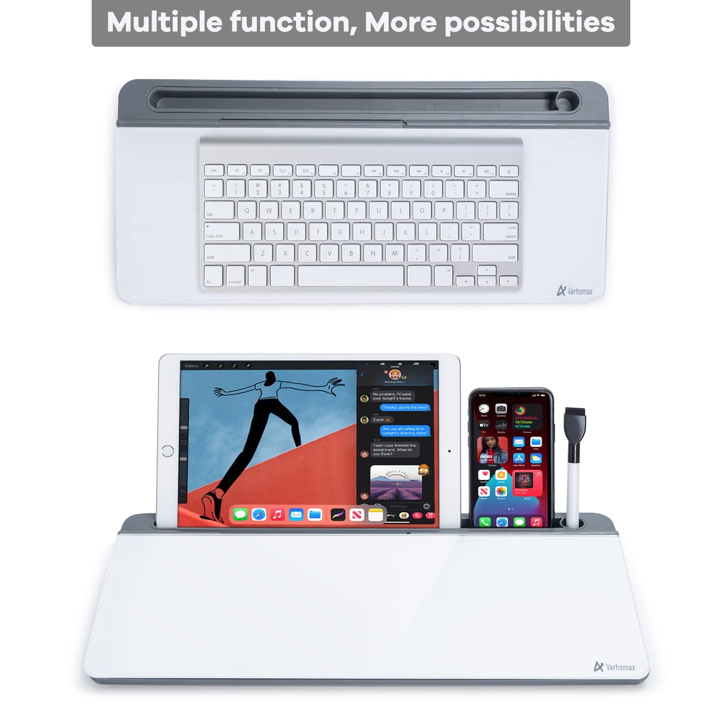 Varhomax Glass Desk Whiteboard with Storage, Desk Buddy to-do List Memo Desktop Dry Erase White Board Keyboard Stand for Home Office and School