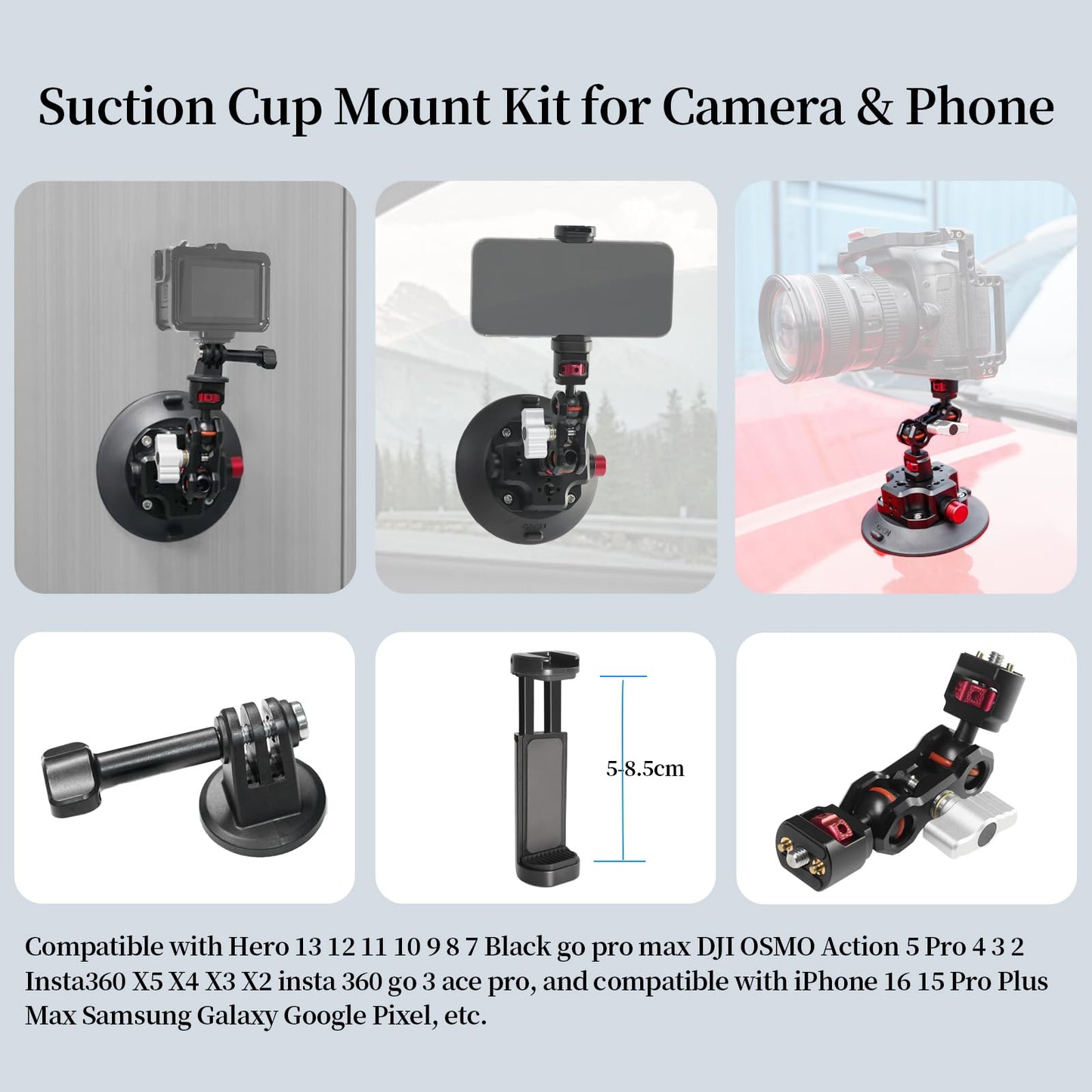 CNC Machined 4.5in Suction Cup Camera Mount with Ball Head Magic Arm, 1/4" ARRI Holes, Quick Release Car Mount with Phone Holder&Action Camera Adapter