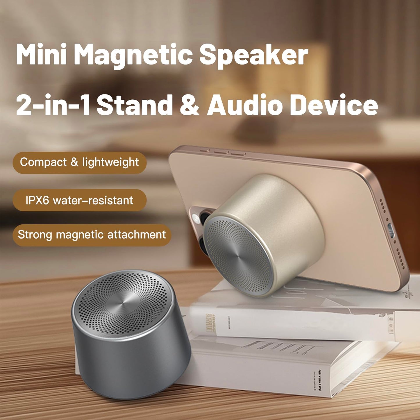 Mini Magnetic Bluetooth Speaker, 5W Internal-Magnet Speaker, Speakers with Hands-Free Call, IPX6 Waterproof, Portable Speakers for Shower, Room, Car