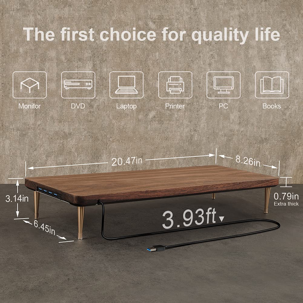 CRAFT KITTIES Monitor Stand with 4 USB Ports Walnut Wood Riser for iMac Laptop Computer Monitor - A Sturdy Computer Stand to Elevate Your Screen
