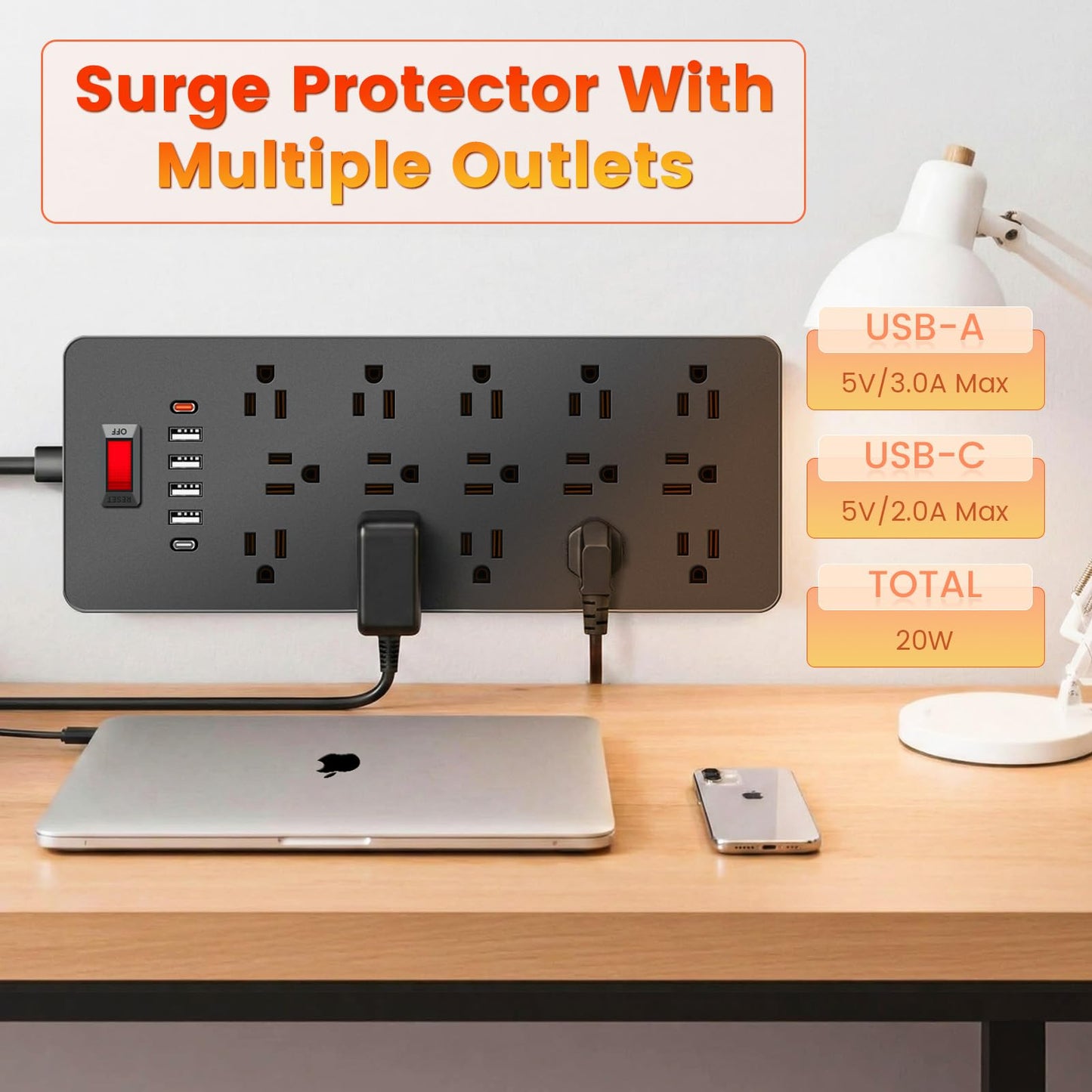 ZHANGONG 25-Outlet Power Strip Surge Protector with 6 USB Ports (2 USB-C) & Flat Plug, 2000 Joules, 6.5 Ft Extension Cord for Multiple Devices