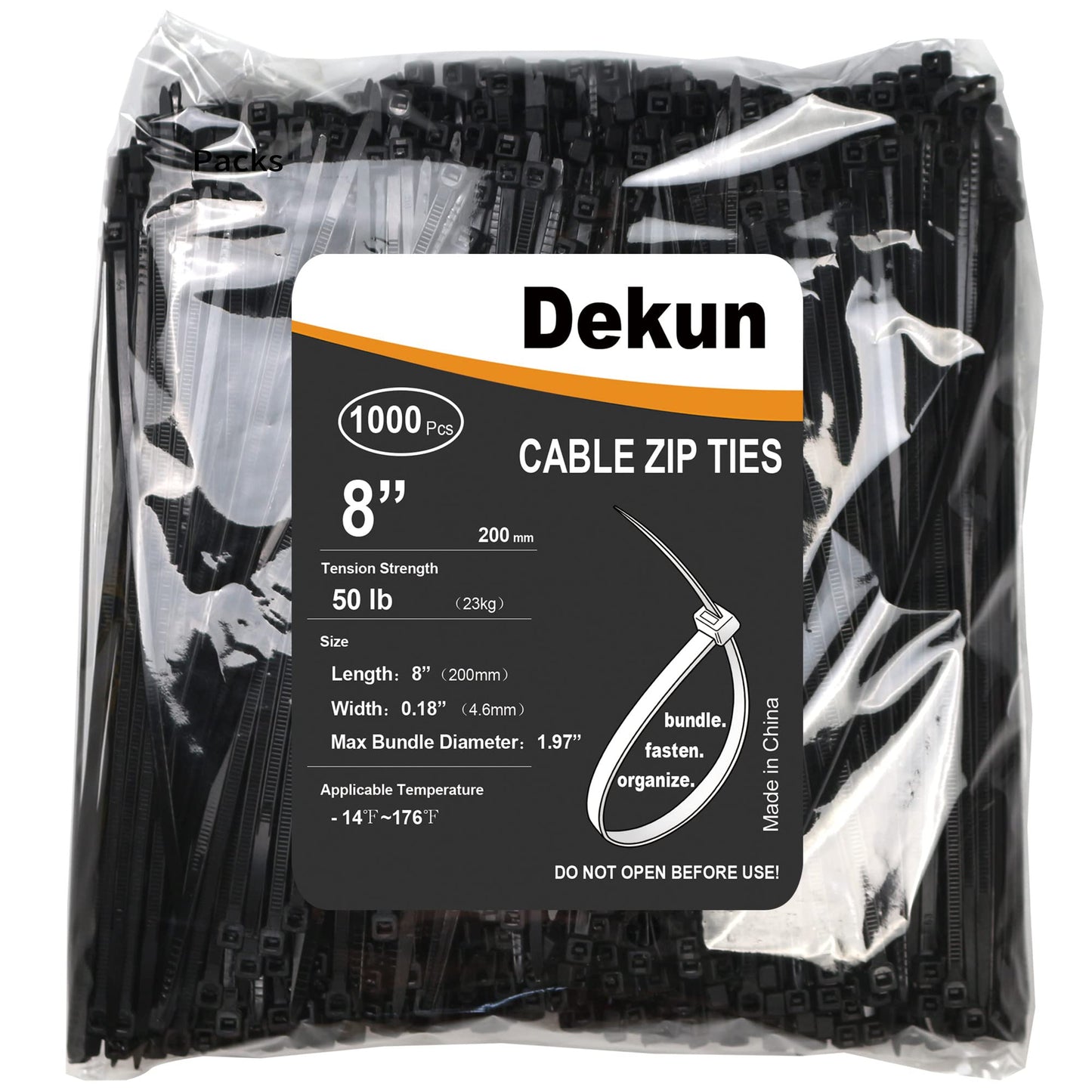 Dekun 8 Inch Zip Ties Black 1000 Pcs, 50 LB Tensile Strength Premium Nylon Cable Ties Wire Management Ties (8 Inch, Black, 1000 Pack)