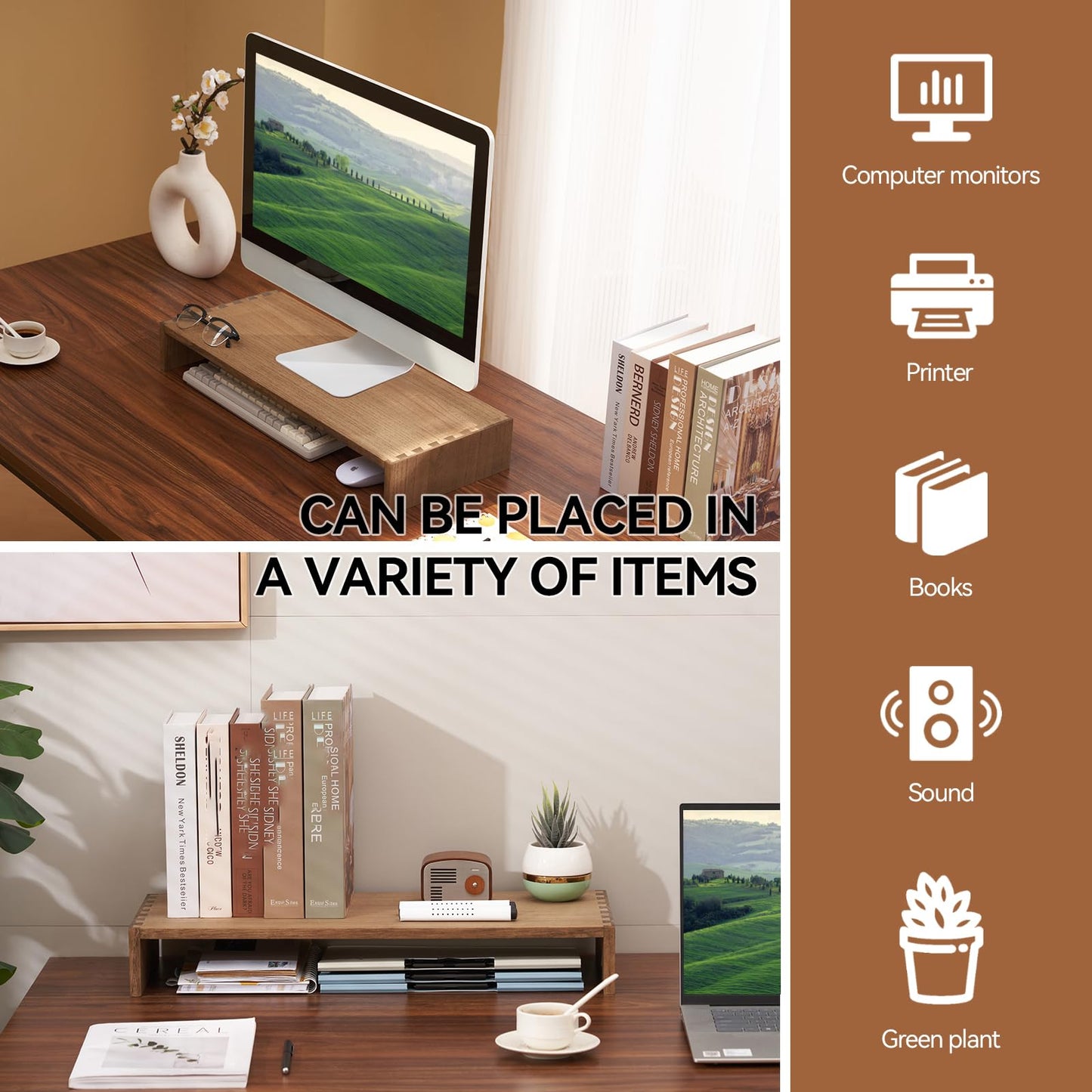 KIRIGEN Monitor Stand Wooden -Desk stand wood for Computer / Laptop/ TV Printer - Monitor Arms & Stands Desk Riser for Office Organizers -Desktop