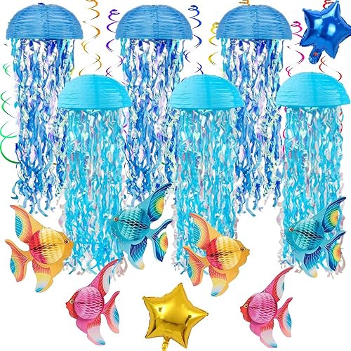 Tropical Fish Hanging Swirls Set & Hanging Jellyfish Paper Lanterns lamp.Mermaid Birthday Decorations, Under The Sea Ocean Party Decor