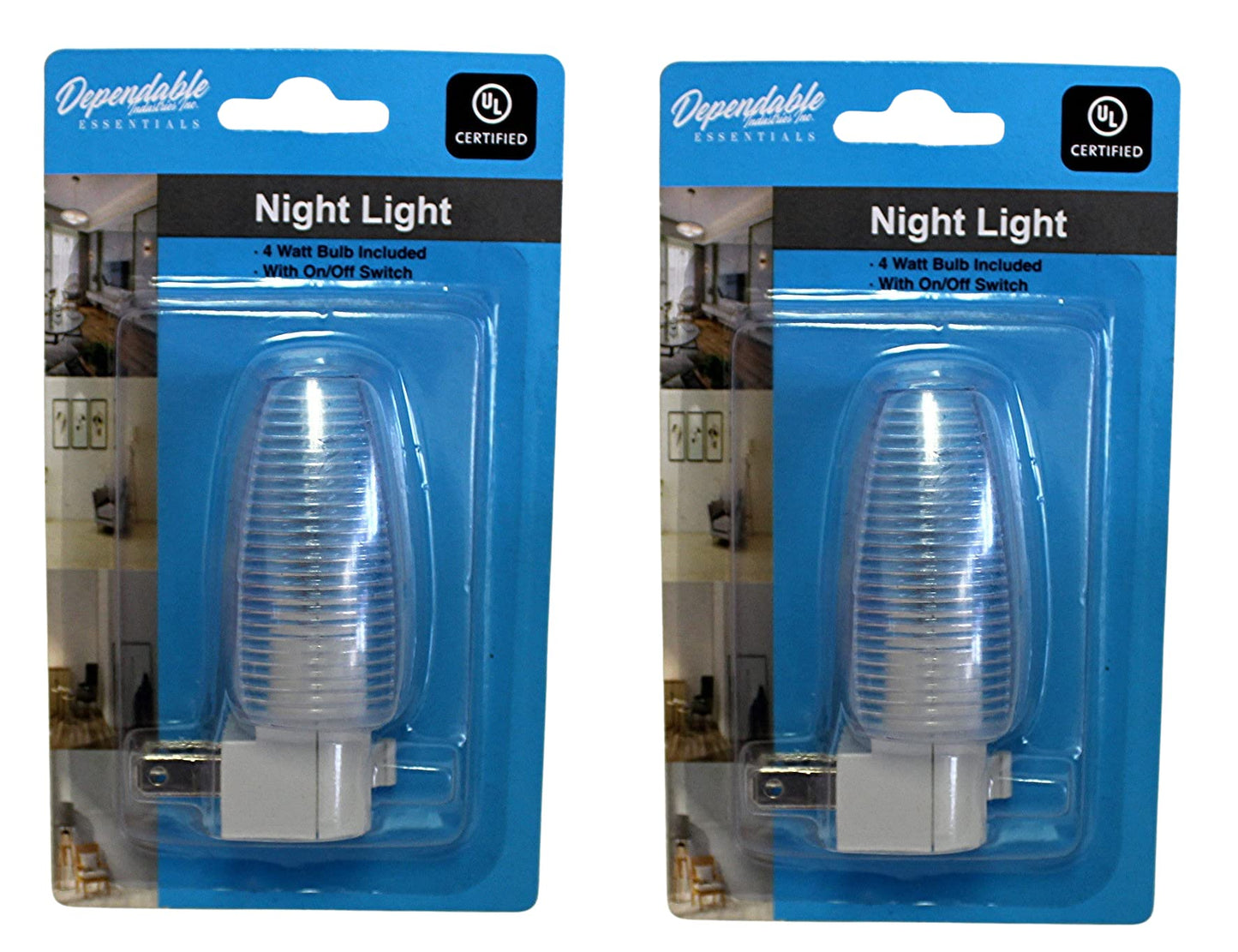 Set of 2 Night Light On/Off Switch UL Certified White Base Clear See Thru Top Suitable for Bathroom, Bedroom, Hallway (Traditional)