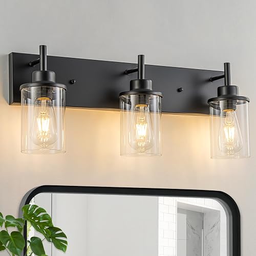 GoYeel Vanity Lighting Fixtures, Matte Black Bathroom Light Fixtures 3-Light Black Wall Sconce with Clear Glass Lampshade for Bedroom Hallway Living