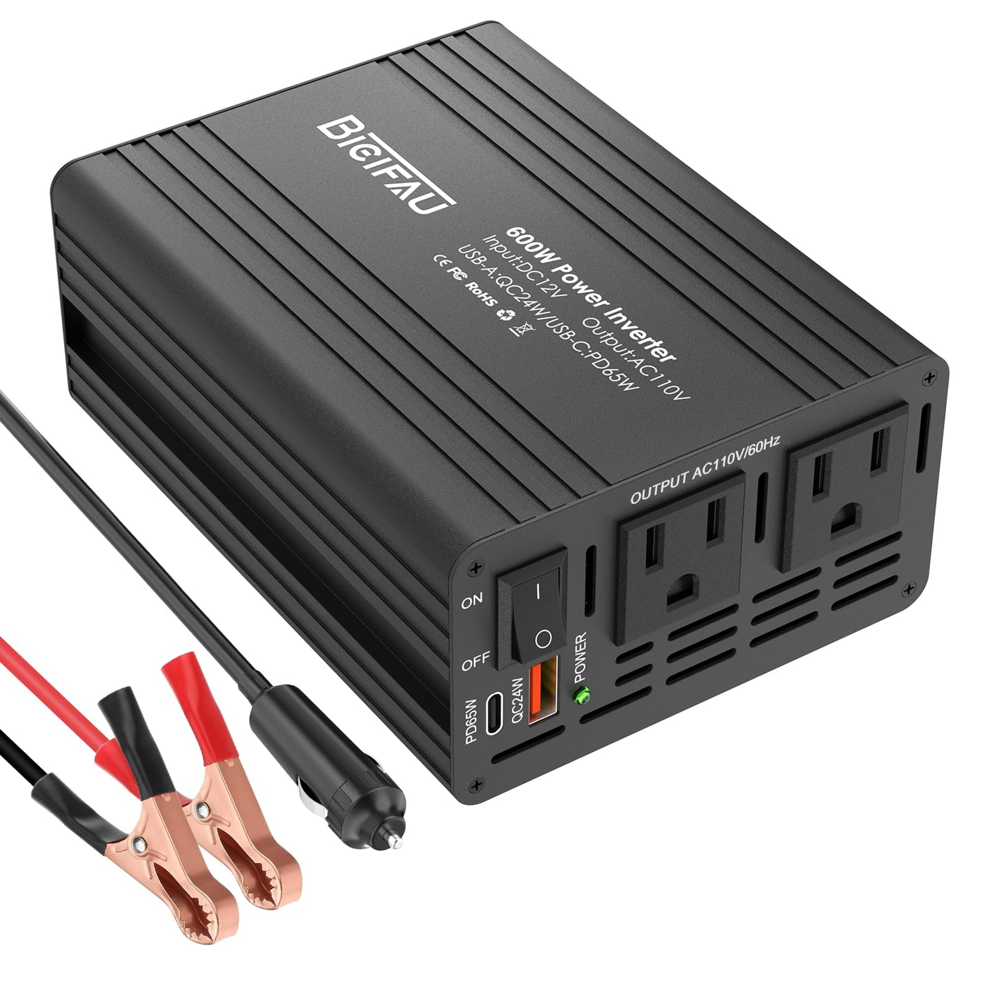 600W Inverter 12V to 110V, DC to AC Car Power Inverter for Vehicles with 65W USB-C Fast Charging 24W USB-A Dual AC Socket Adapter