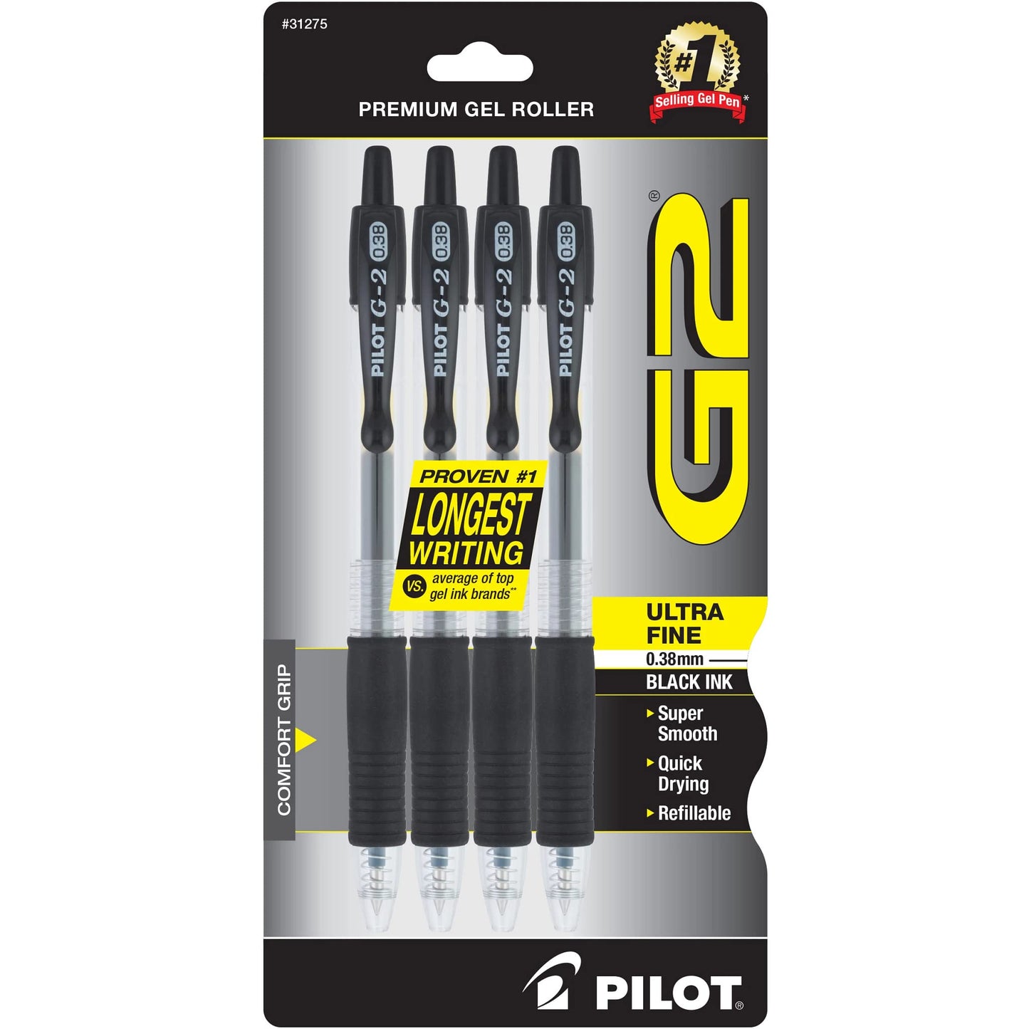 Pilot G2 Premium Refillable and Retractable Rolling Ball Gel Pens, Ultra Fine Point, Gel Ink Pens, 0.38mm, Black Ink, 4-Pack