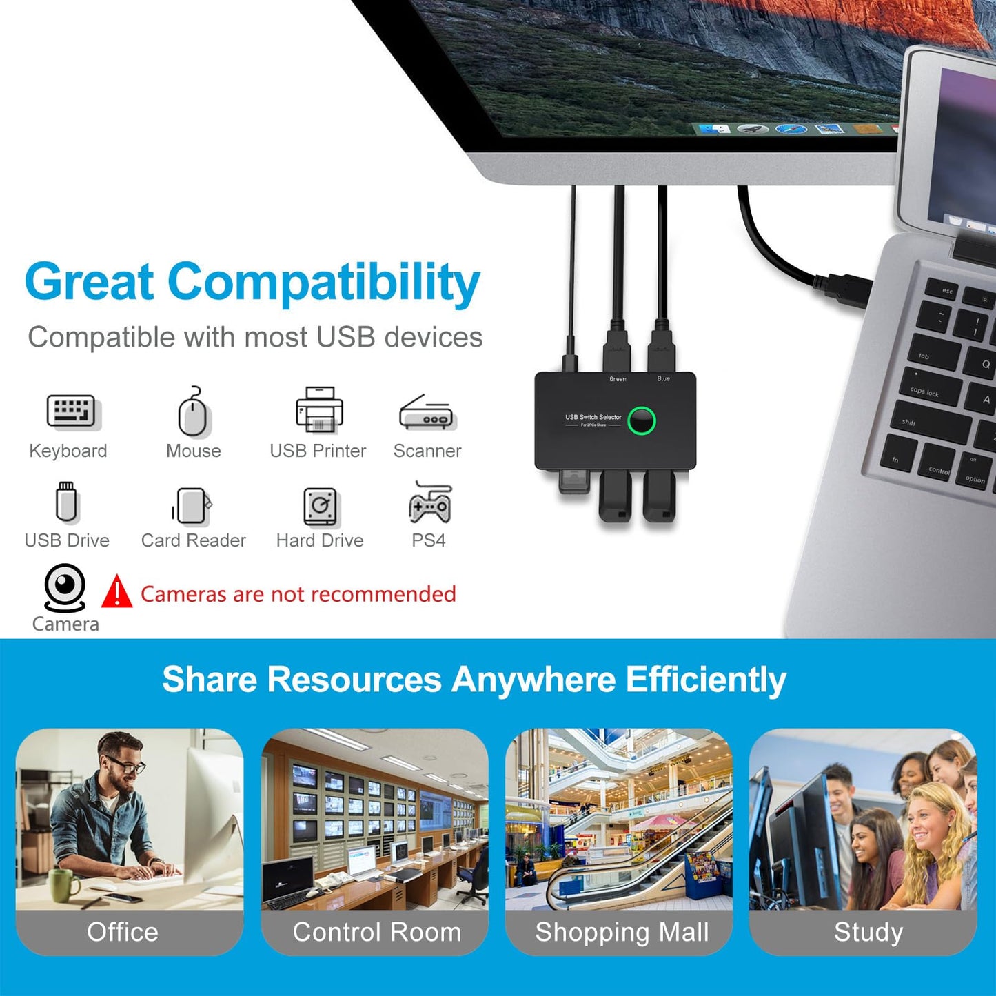 USB 3.0 Switch, USB Switcher 2 Computers Share 4 USB for PC Mouse Keyboard Printer Scanner, USB KVM Switch Selector Compatible with Windows, Mac