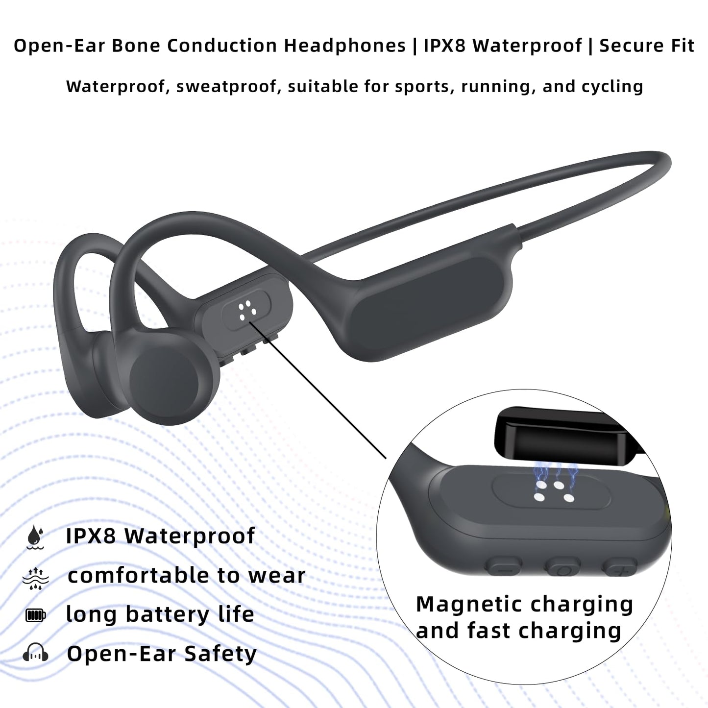 Sports bone conduction headphones, 6.0, wireless open-air headphones, with microphone, battery life up to 15 hours, IP68 waterproof rating, suitable
