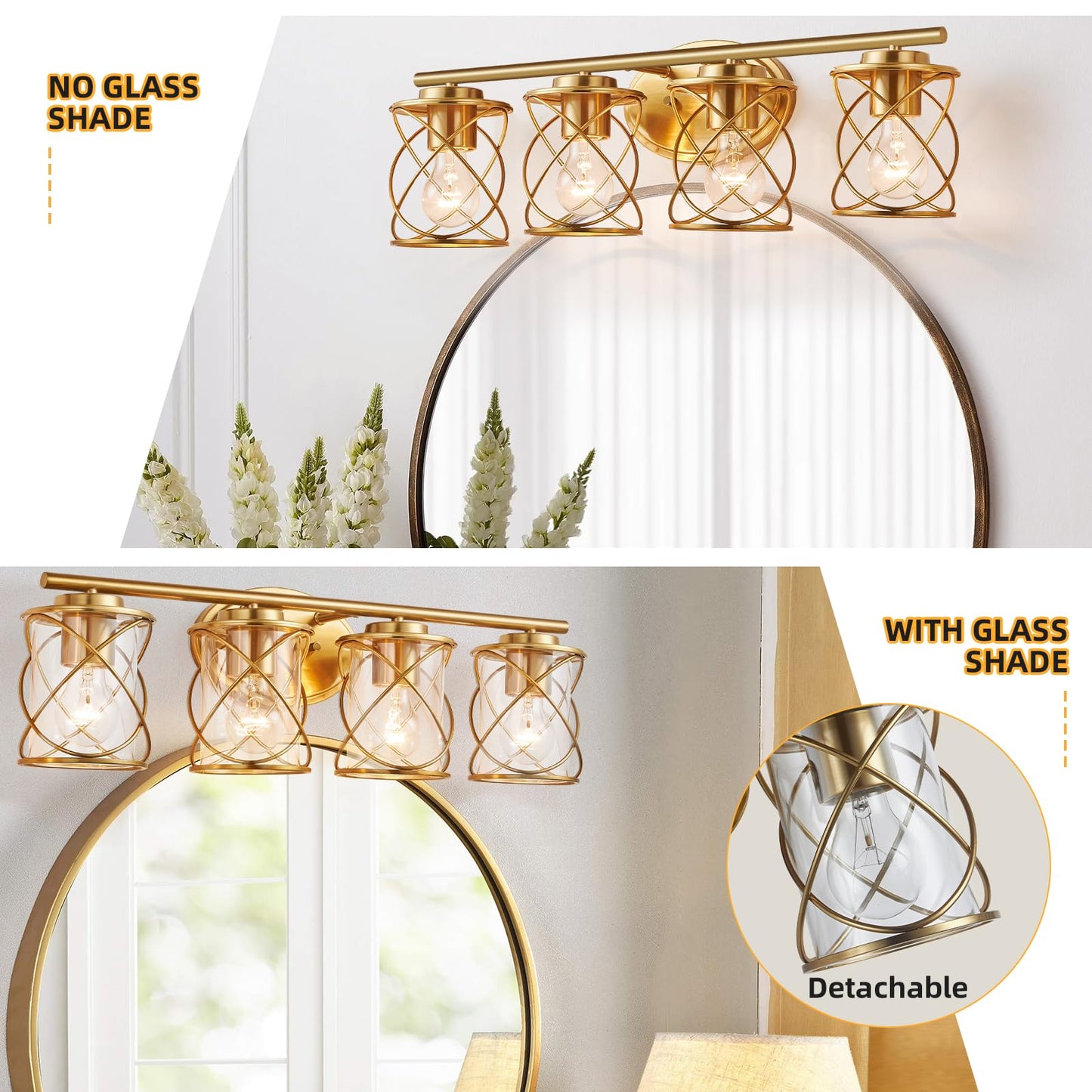 4-Lights Bathroom Light Fixtures, Brushed Gold Modern Vanity Light Over Mirror, Bathroom Wall Lamp for Mirror Kitchen Living Room Hallway Porch