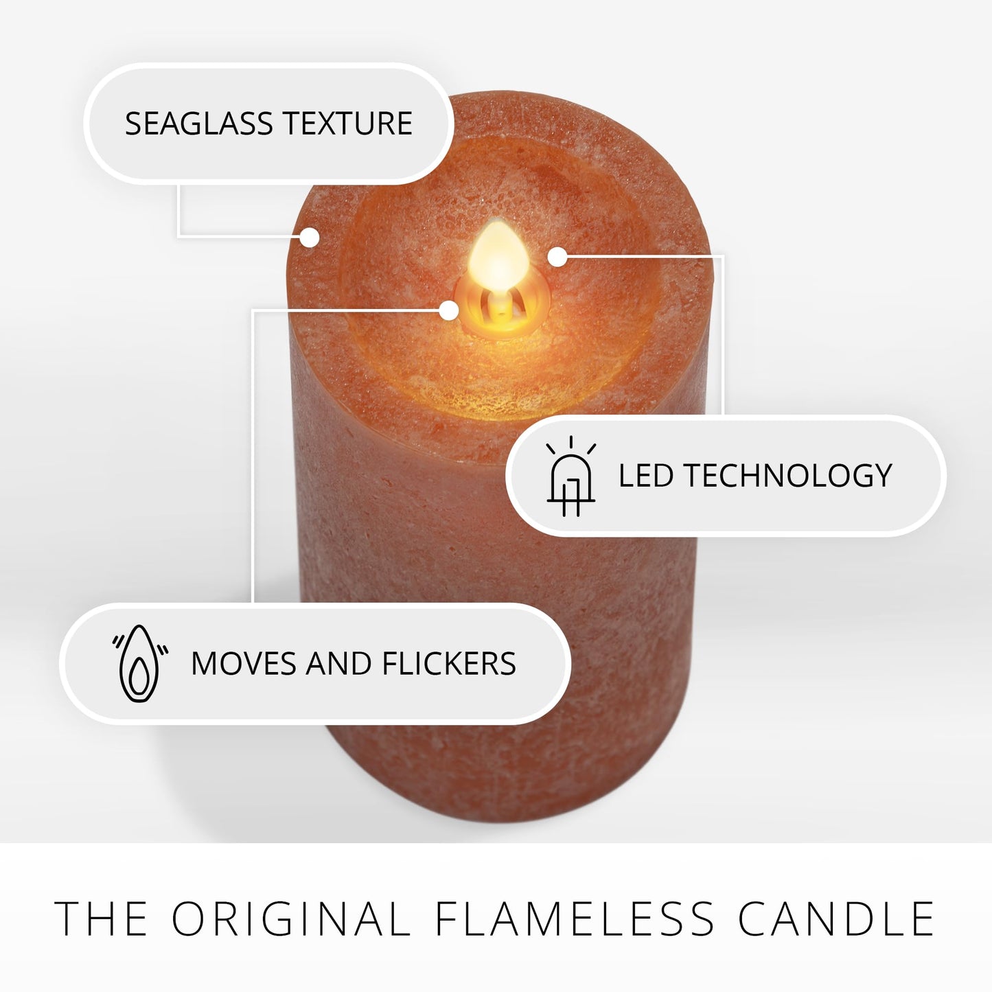 Luminara Sea Glass Flameless Candle, Harvest Pumpkin 3" x 6.5", Moving LED Flame Pillar with Timer, Battery Operated, Real Wax, Unscented Home Décor
