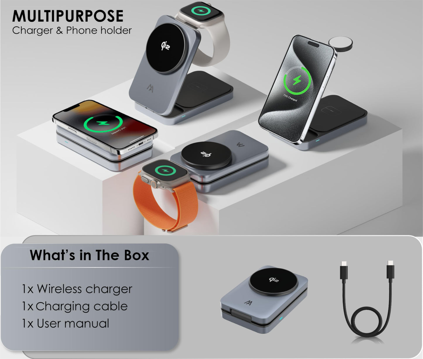 3 in 1 Charging Station, Magsafe Qi2 Wireless Charger Stand, Foldable Wireless Charging Station Compatible with Your Apple iPhone 16/15/14/13/12